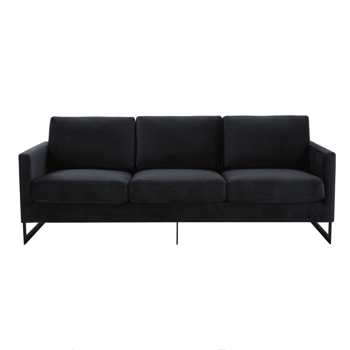 Lincoln 3-Seater Sofa Upholstered in Velvet/Leather with Black/Silver/Gold Steel Base Velvet Black Midnight Black Sofa LeisureMod