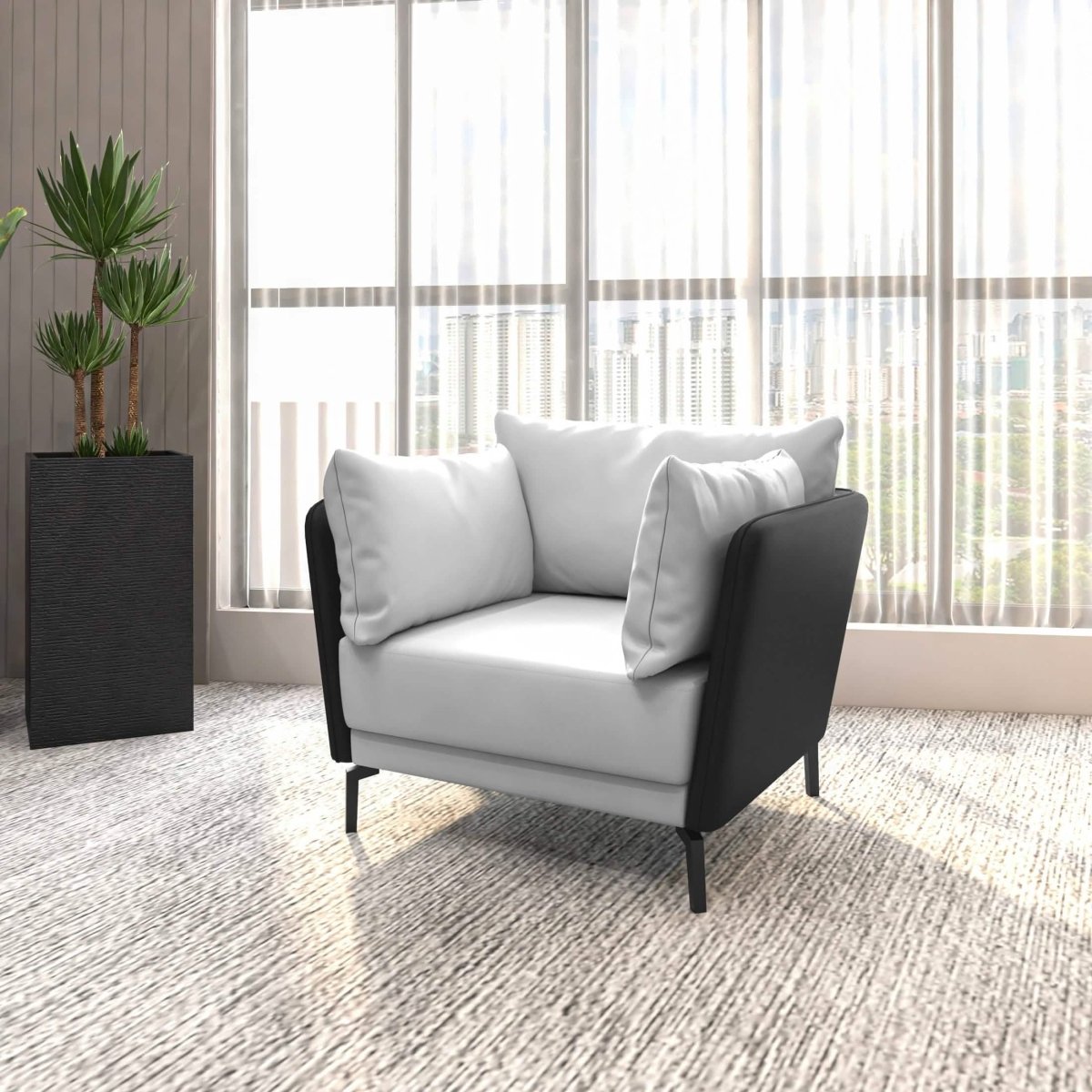 Luxify Single-Seater Leather Sofa Accent Armchair with Stainless Steel Legs and Removable Cushions Black Grey Sofa Leisuremod
