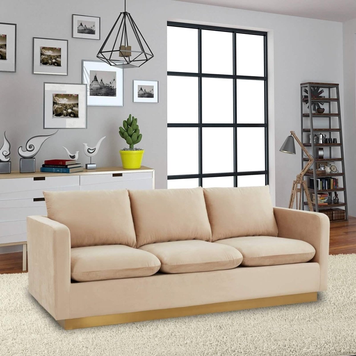 Nervo 3-Seater Velvet/Leather Full Sofa with Gold Stainless Steel Base Sofa Leisuremod