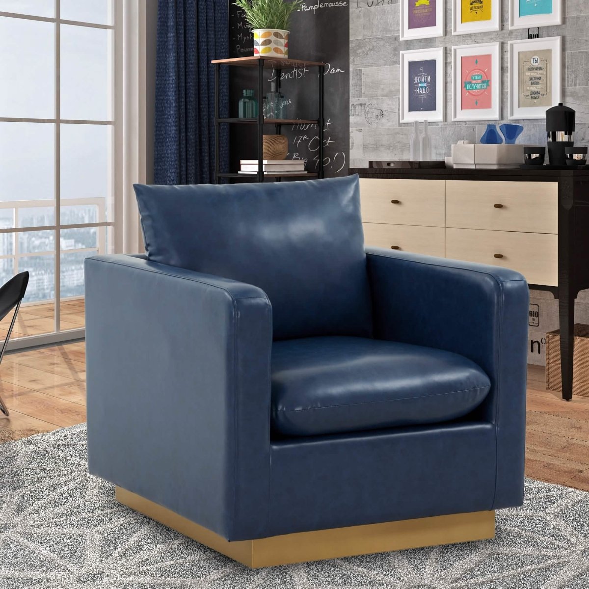 Nervo Upholstered in Velvet/Leather Singe-Seater Sofa with Gold Base Leather Navy Blue Sofa Leisuremod