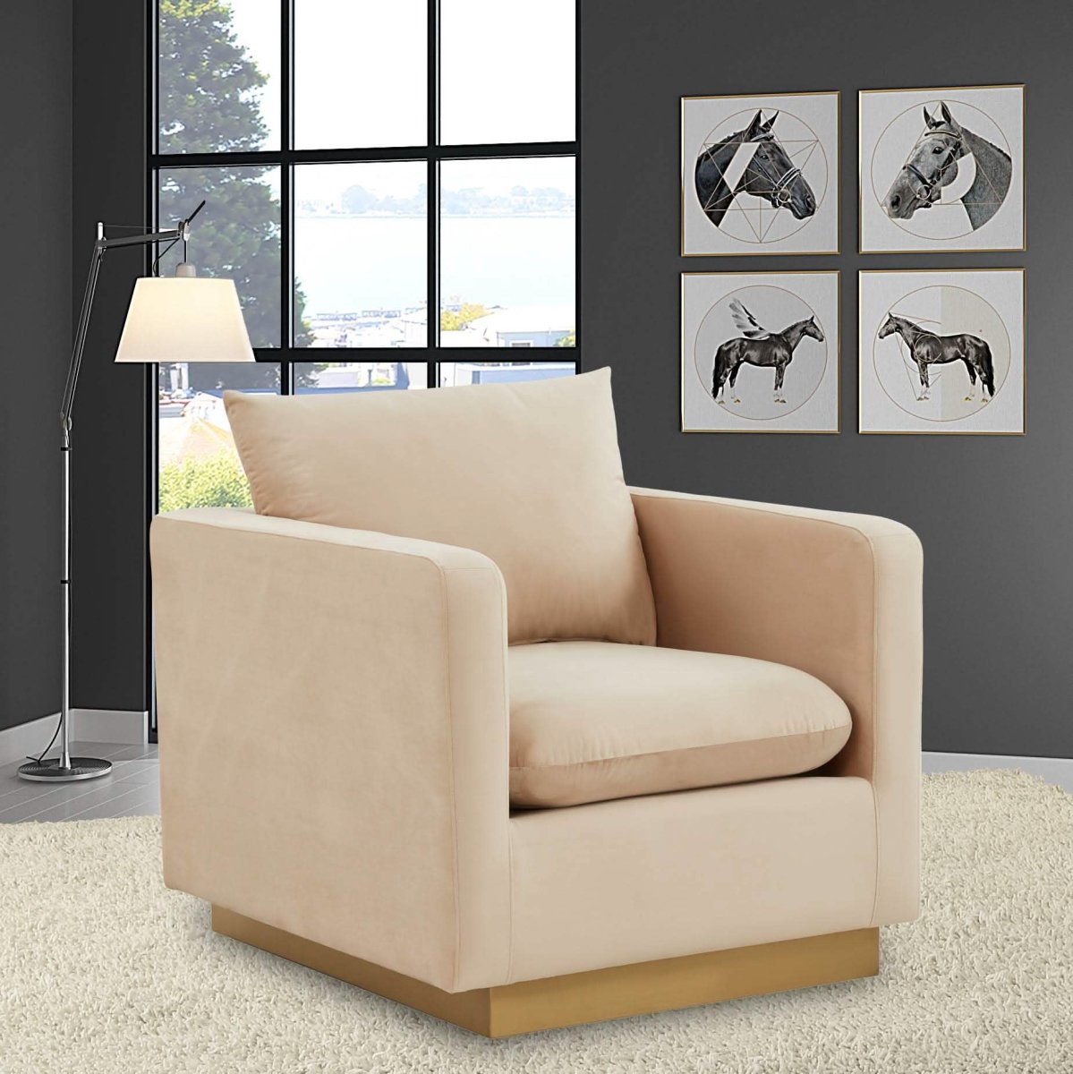 Nervo Upholstered in Velvet/Leather Singe-Seater Sofa with Gold Base Velvet Beige Sofa Leisuremod