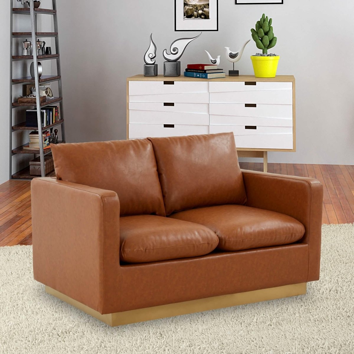 Nervo Upholstered Velvet/Leather Loveseat with Gold Stainless Steel Base Leather Cognac Tan Sofa Leisuremod