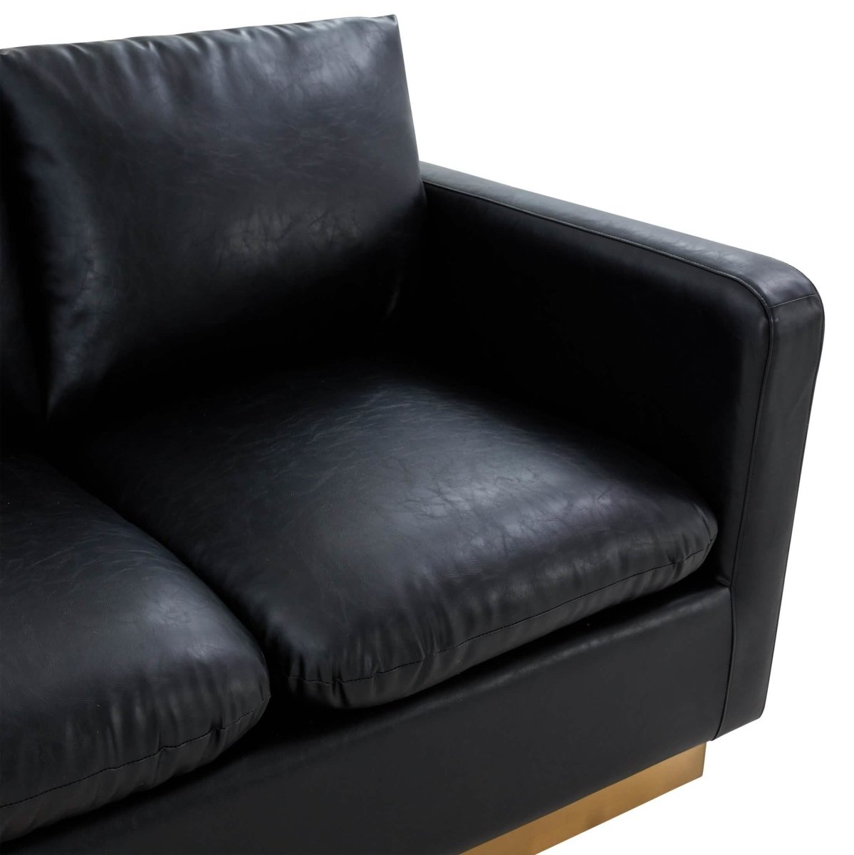 Nervo Upholstered Velvet/Leather Loveseat with Gold Stainless Steel Base Leather Black Sofa Leisuremod