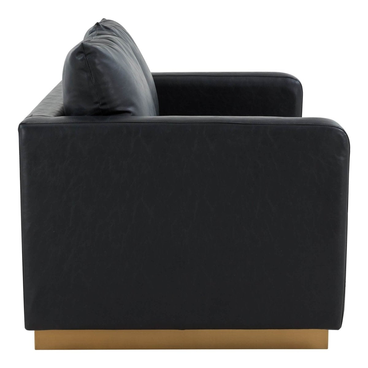 Nervo Upholstered Velvet/Leather Loveseat with Gold Stainless Steel Base Leather Black Sofa Leisuremod