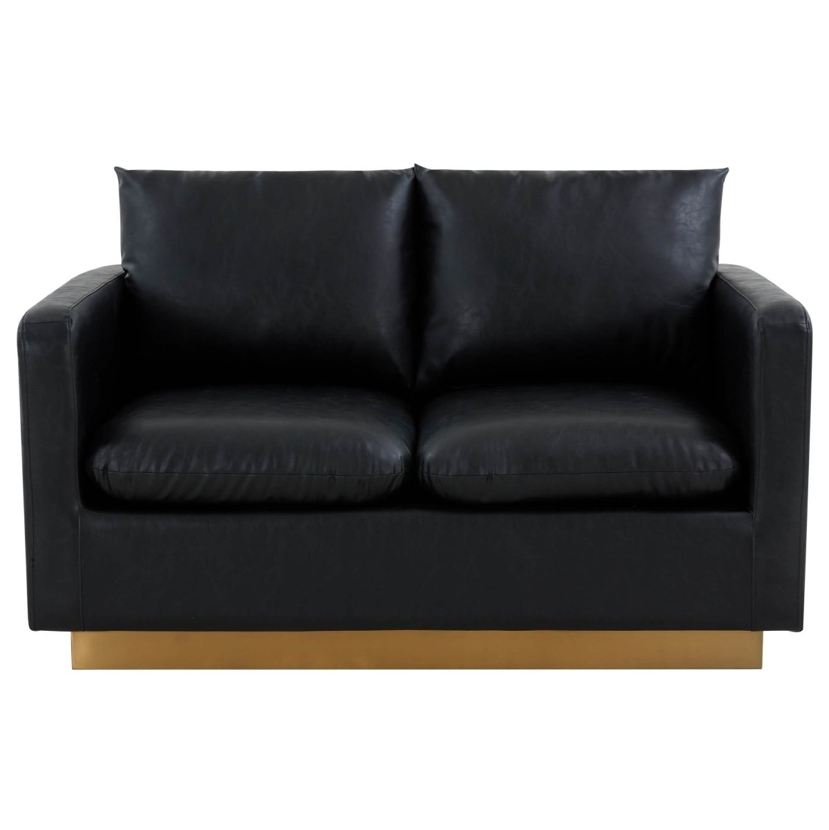 Nervo Upholstered Velvet/Leather Loveseat with Gold Stainless Steel Base Leather Black Sofa Leisuremod
