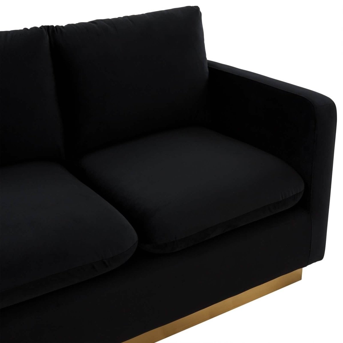 Nervo Upholstered Velvet/Leather Loveseat with Gold Stainless Steel Base Velvet Midnight Black Sofa Leisuremod