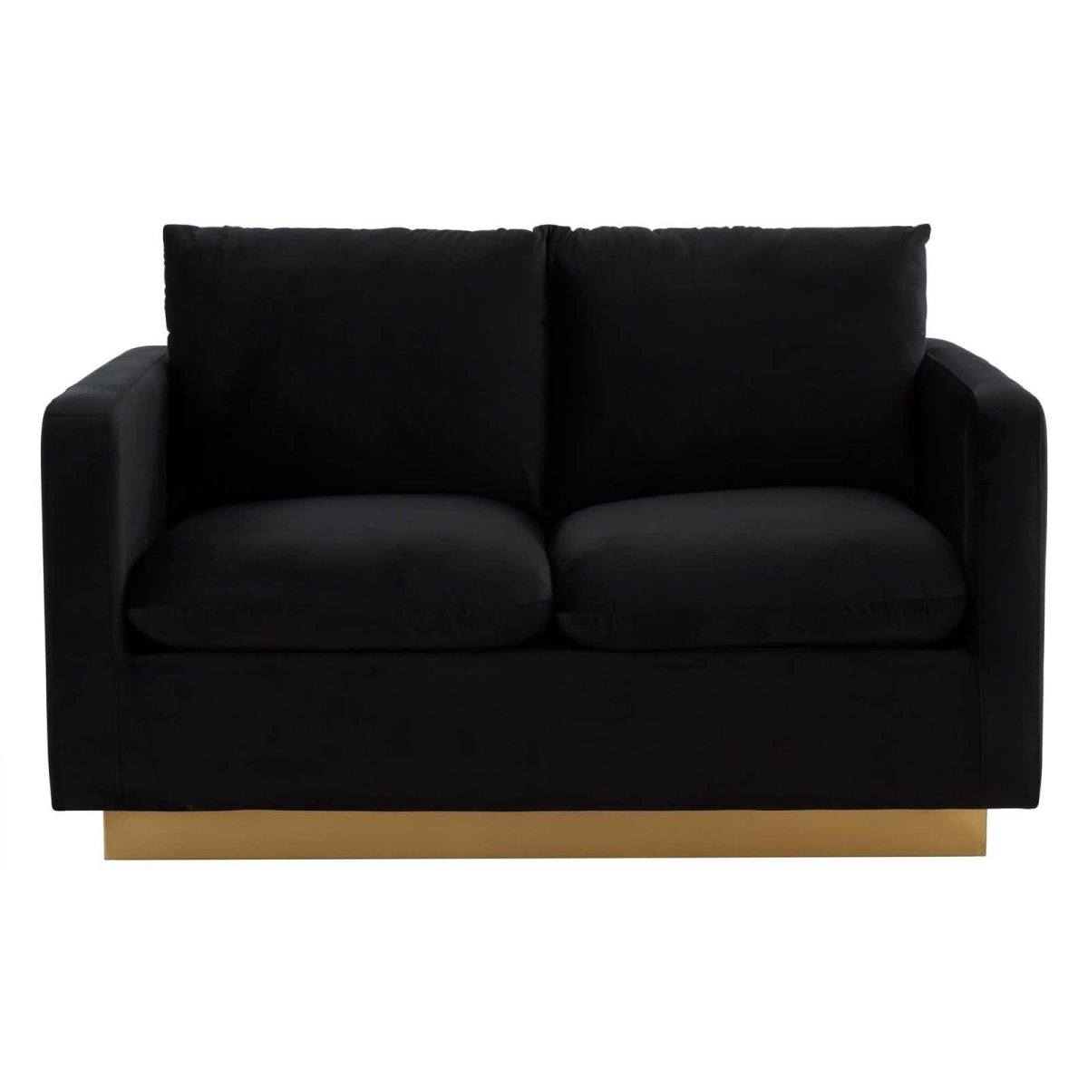 Nervo Upholstered Velvet/Leather Loveseat with Gold Stainless Steel Base Velvet Midnight Black Sofa Leisuremod