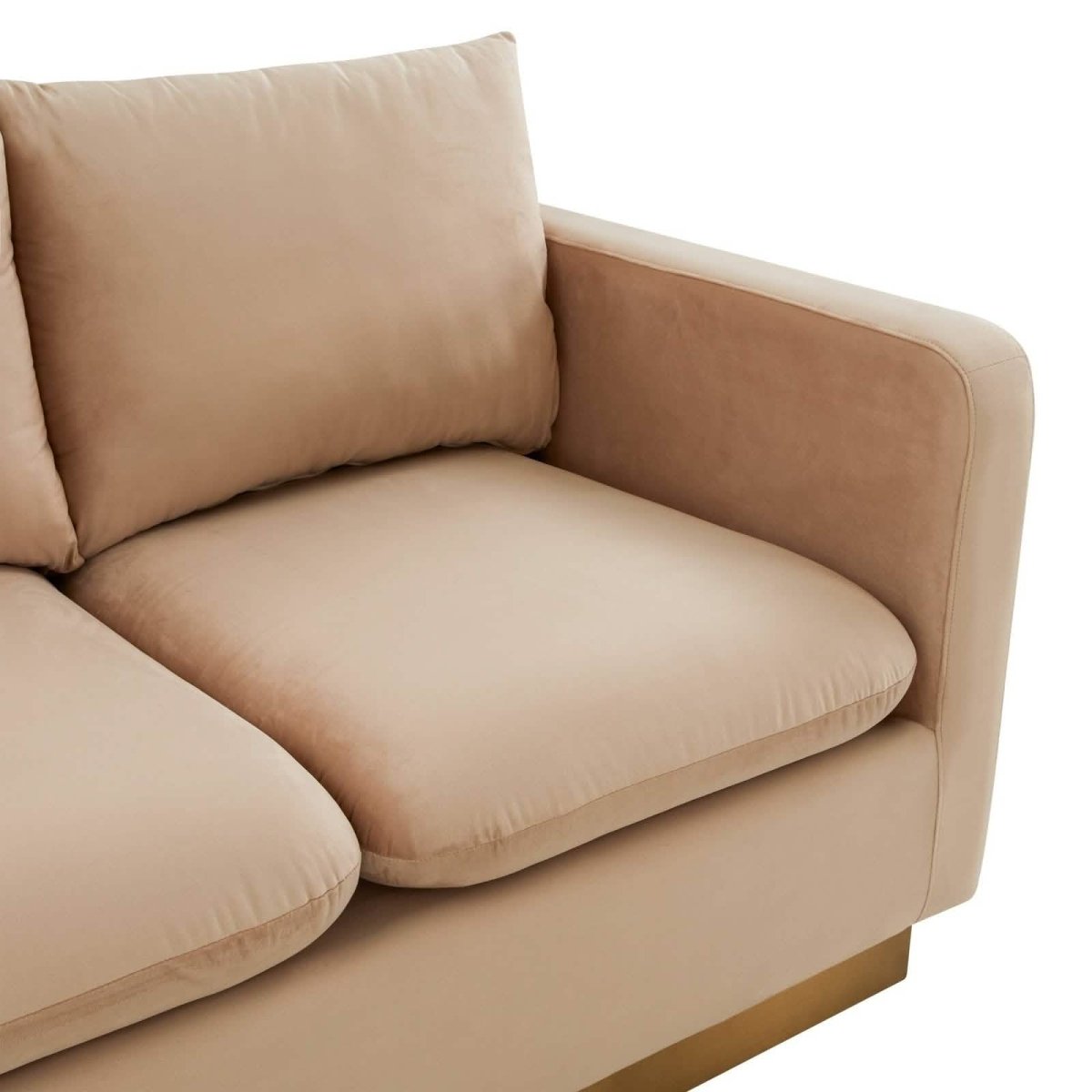 Nervo Upholstered Velvet/Leather Loveseat with Gold Stainless Steel Base Velvet Beige Sofa Leisuremod