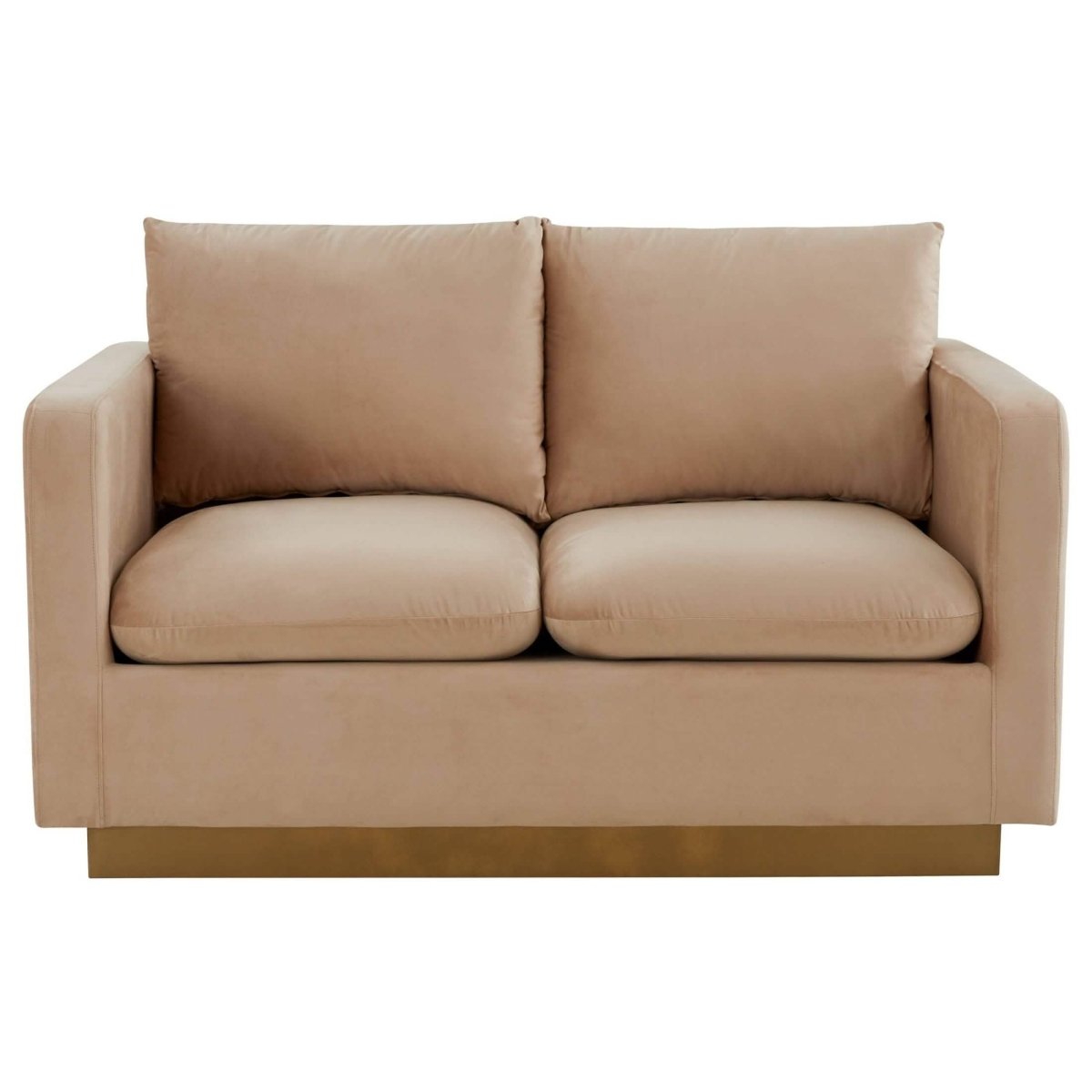 Nervo Upholstered Velvet/Leather Loveseat with Gold Stainless Steel Base Velvet Beige Sofa Leisuremod