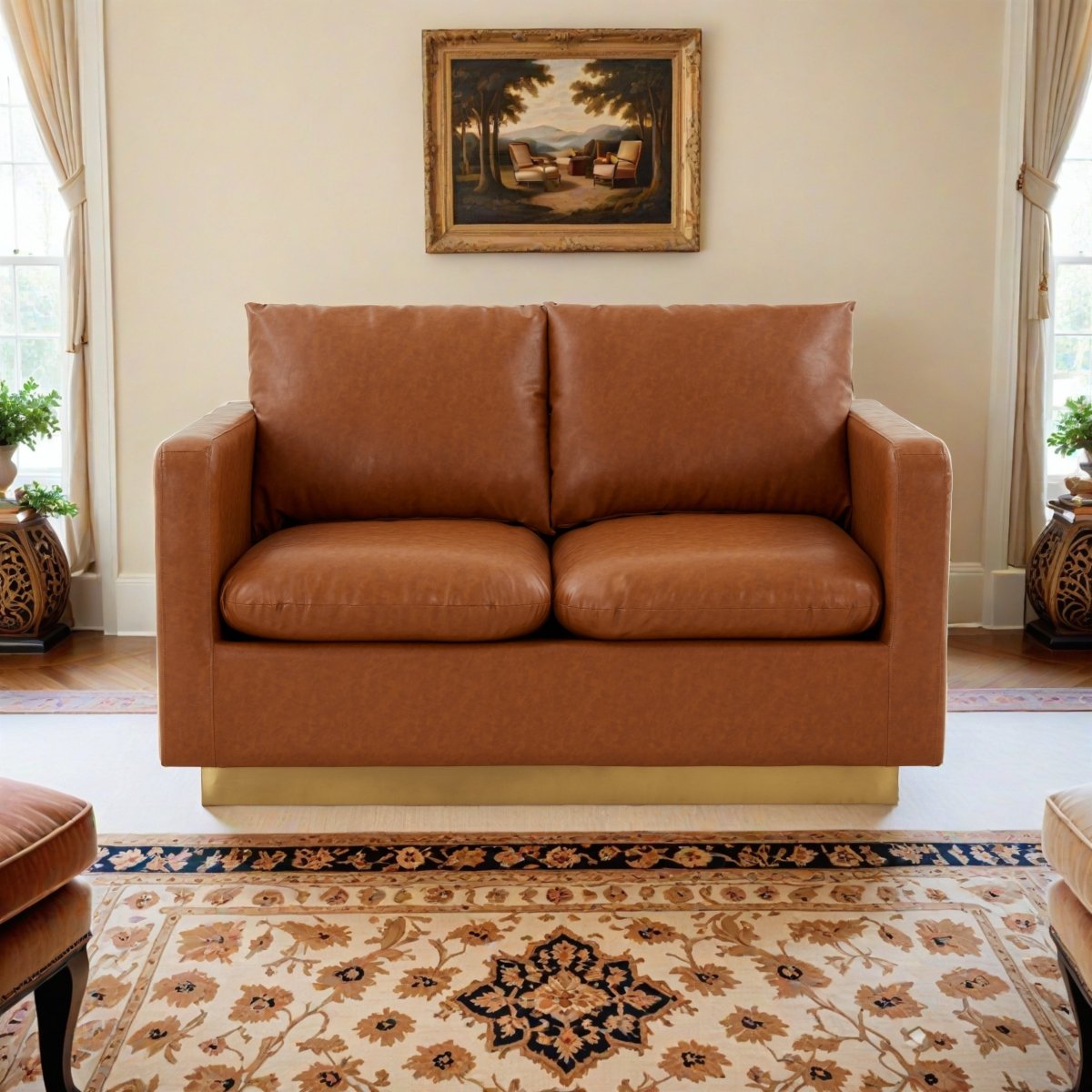 Leisuremod Sofa Nervo Upholstered Velvet/Leather Loveseat with Gold Stainless Steel Base