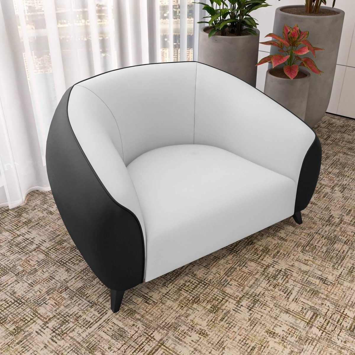 Opula Single-Seater Leather Sofa Accent Armchair with Stainless Steel Legs Black White Sofa Leisuremod