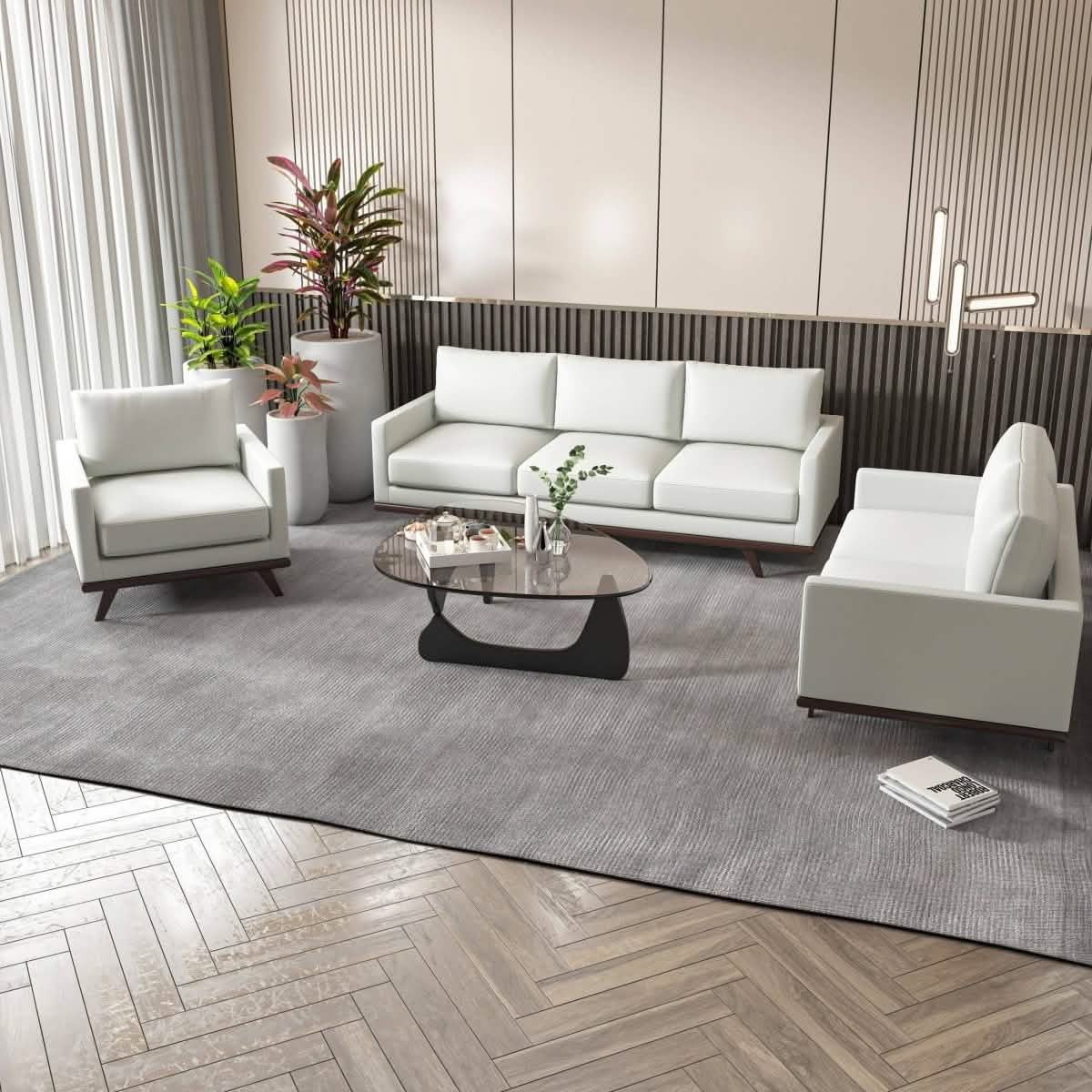 Chester 3-Piece Leather Living Room Sofa Set with Birch Wood Base White Sofa Set Leisuremod