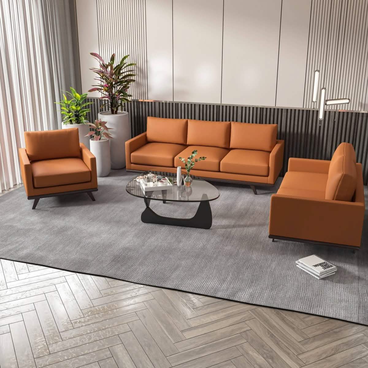 Chester 3-Piece Leather Living Room Sofa Set with Birch Wood Base Cognac Tan Sofa Set Leisuremod