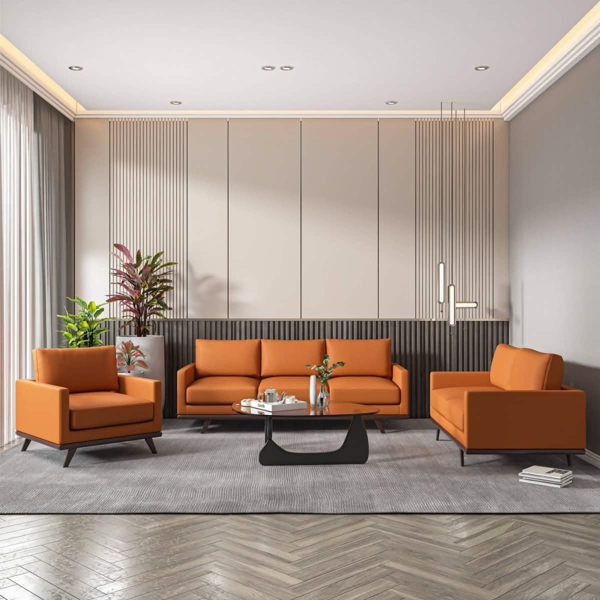 Chester 3-Piece Leather Living Room Sofa Set with Birch Wood Base Cognac Tan Sofa Set Leisuremod