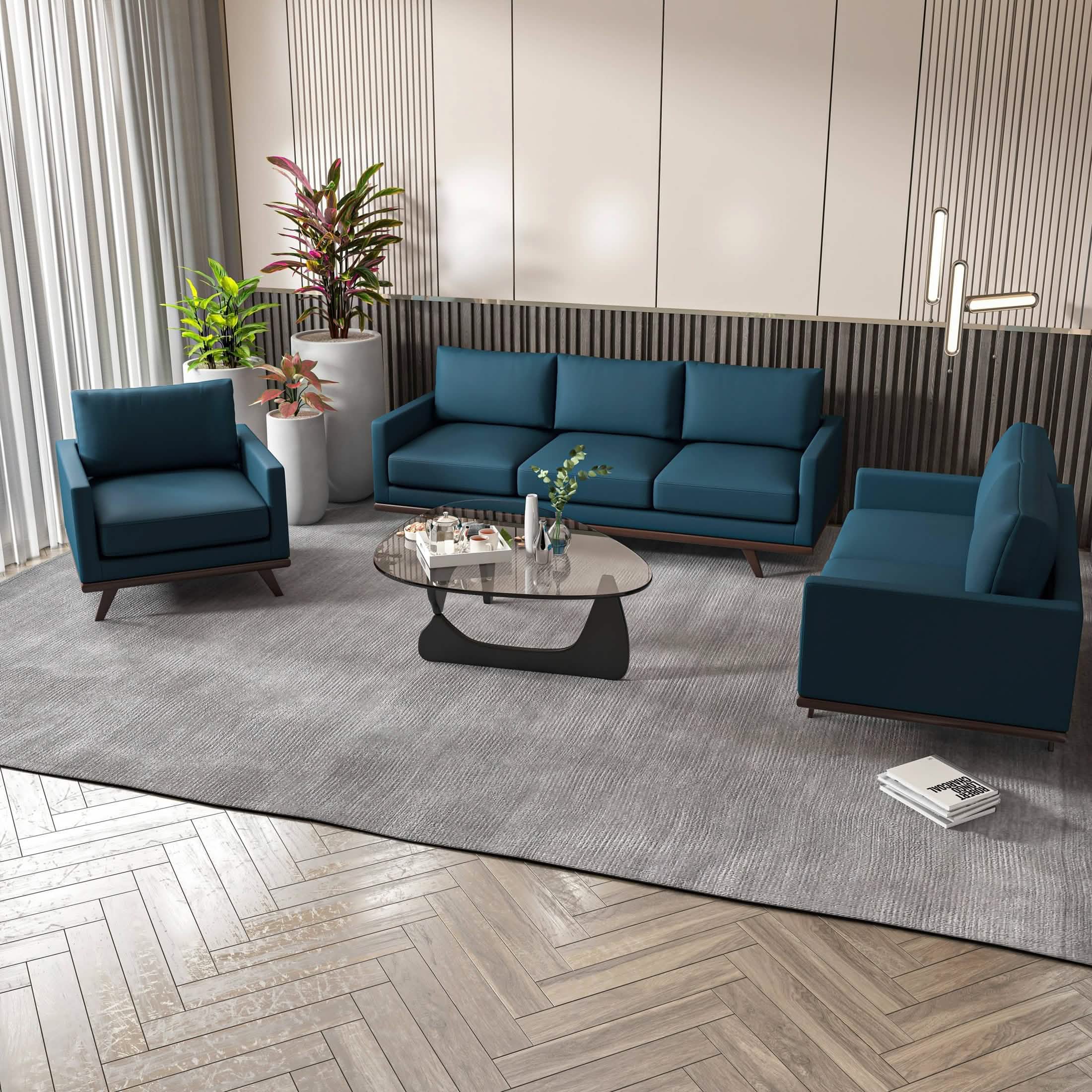 Chester 3-Piece Leather Living Room Sofa Set with Birch Wood Base Navy Blue Sofa Set Leisuremod