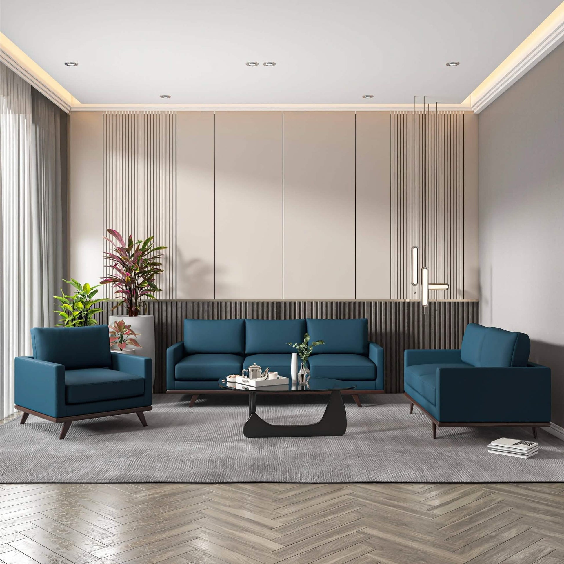 Chester 3-Piece Leather Living Room Sofa Set with Birch Wood Base Navy Blue Sofa Set Leisuremod