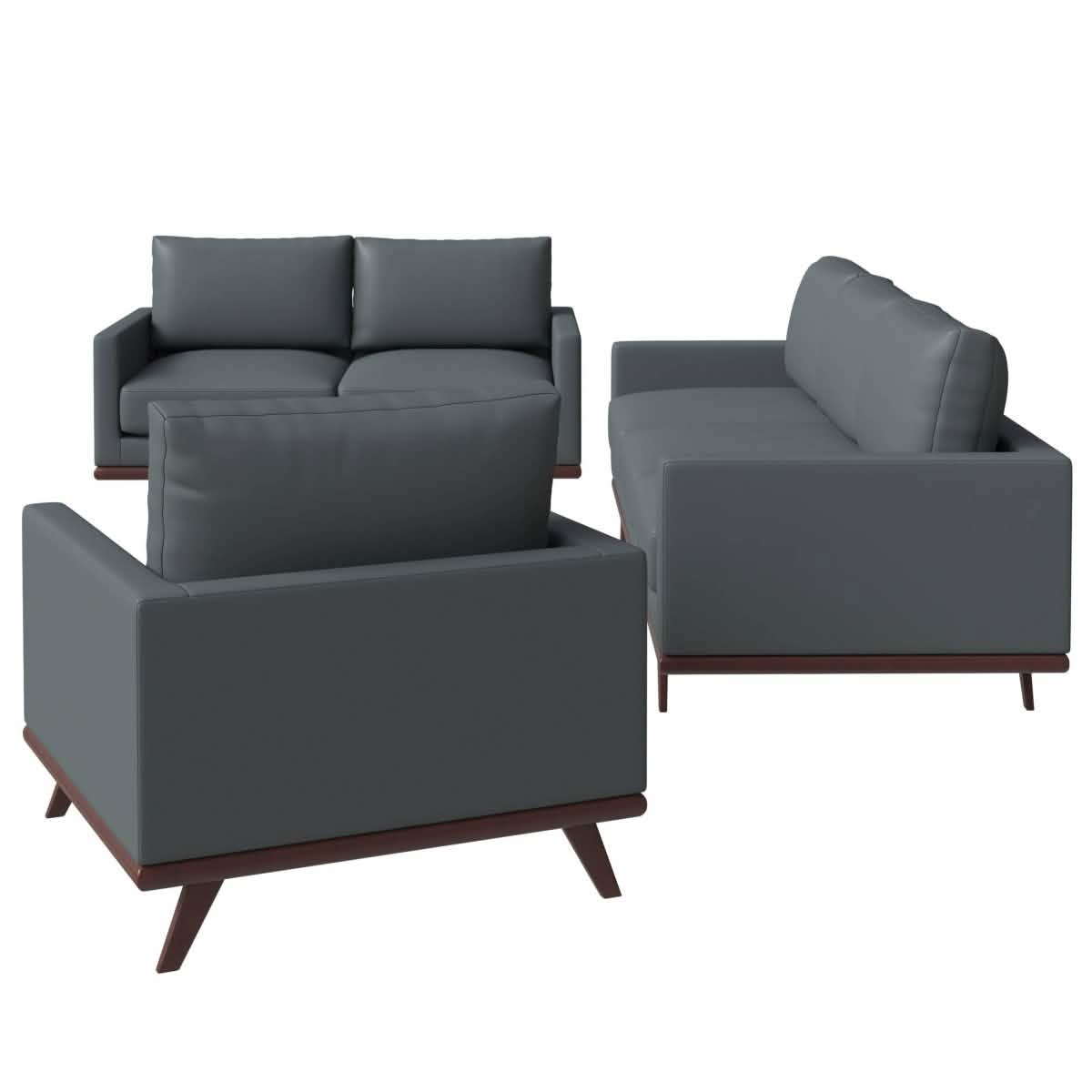 Chester 3-Piece Leather Living Room Sofa Set with Birch Wood Base Grey Sofa Set Leisuremod