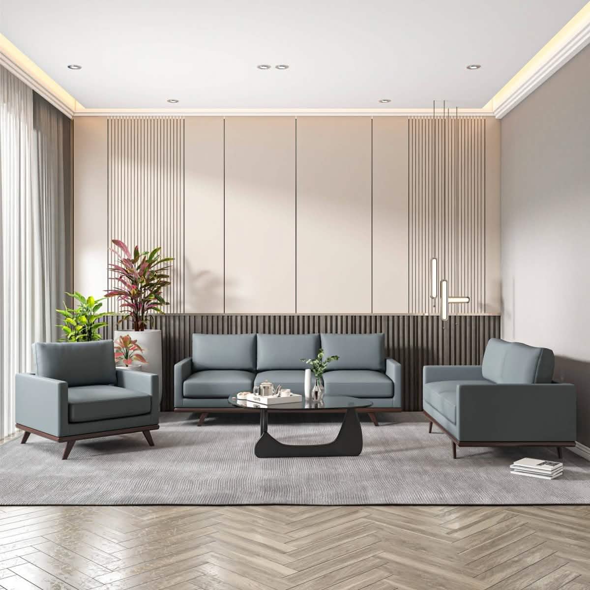 Chester 3-Piece Leather Living Room Sofa Set with Birch Wood Base Grey Sofa Set Leisuremod