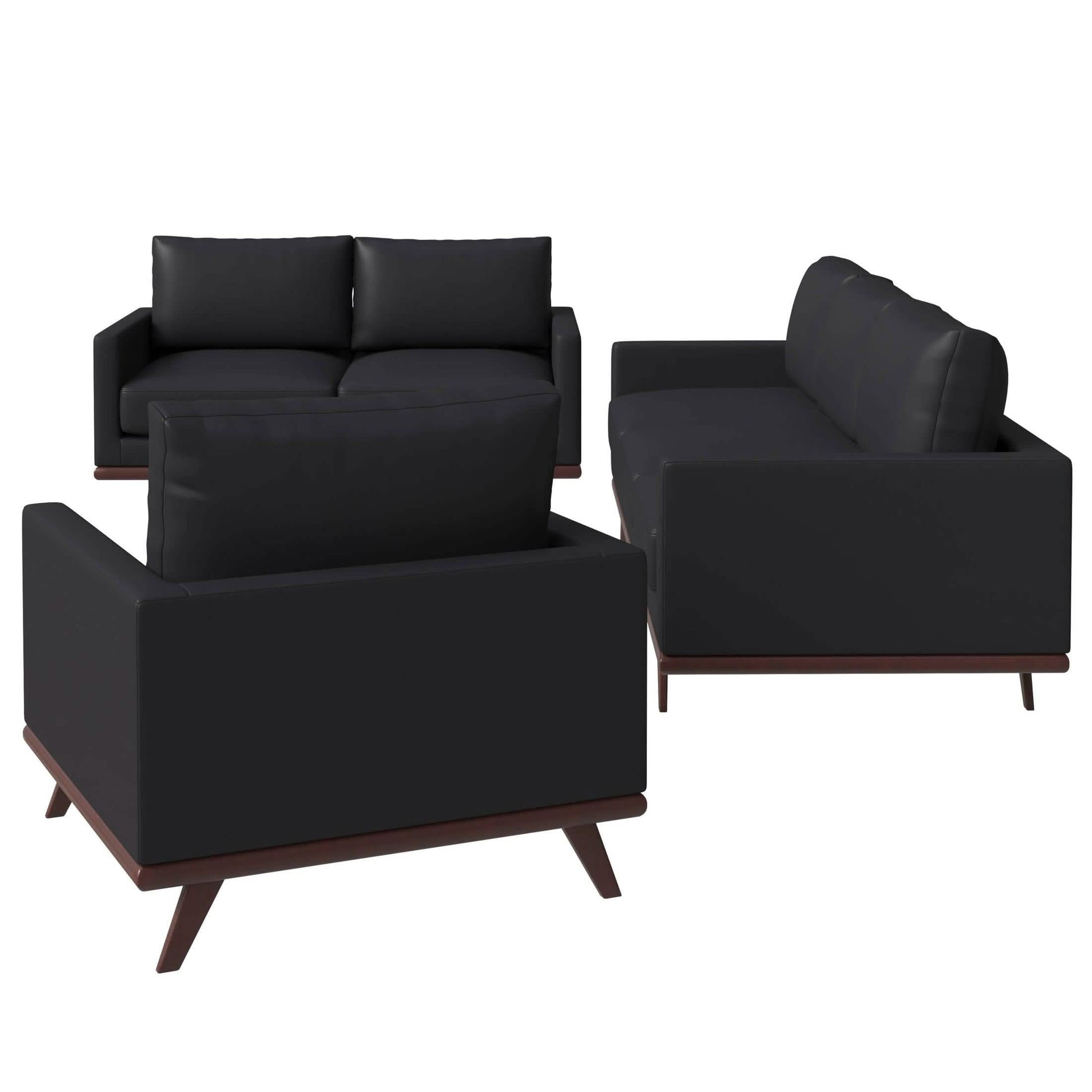Chester 3-Piece Leather Living Room Sofa Set with Birch Wood Base Black Sofa Set Leisuremod