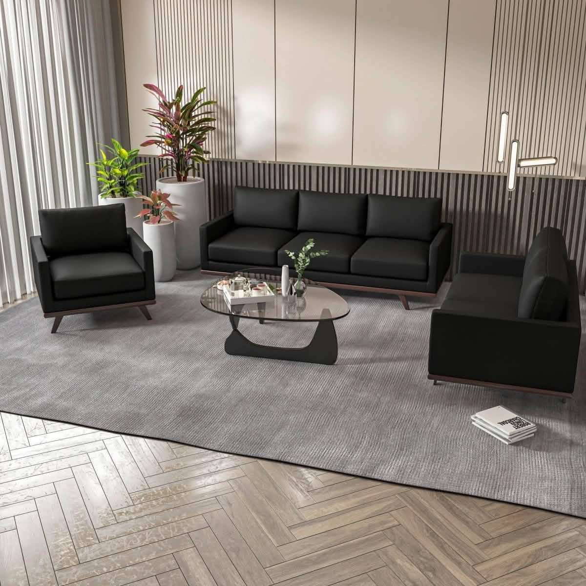 Chester 3-Piece Leather Living Room Sofa Set with Birch Wood Base Black Sofa Set Leisuremod