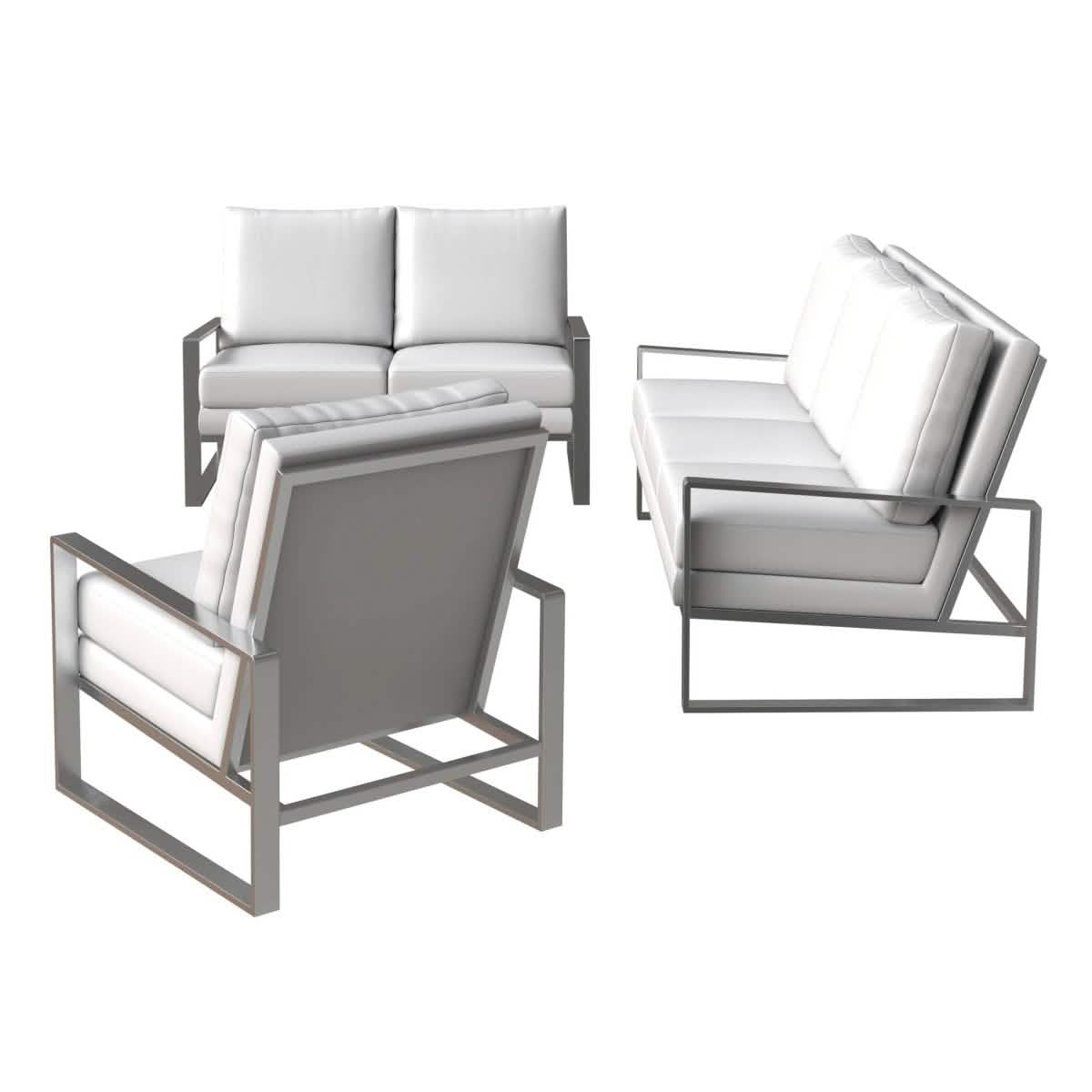 Jefferson 3-Piece Leather Sofa Set with Silver/Gold Stainless Steel Base Accent Chair and Loveseat Sofa Set Leisuremod