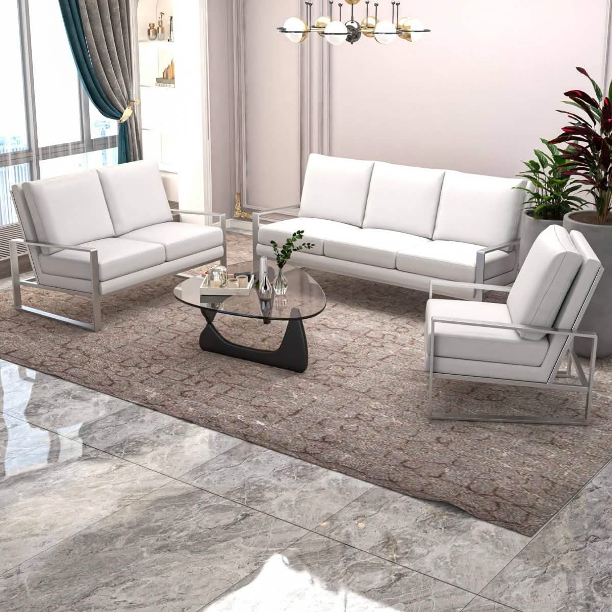 Jefferson 3-Piece Leather Sofa Set with Silver/Gold Stainless Steel Base Accent Chair and Loveseat Sofa Set Leisuremod