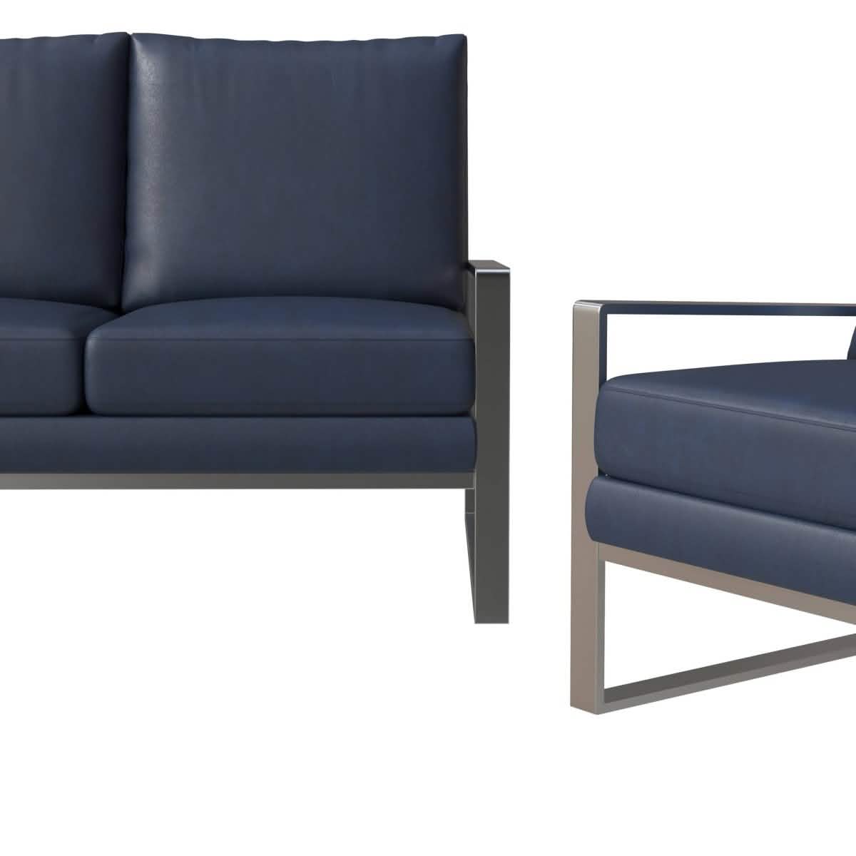 Jefferson 3-Piece Leather Sofa Set with Silver/Gold Stainless Steel Base Accent Chair and Loveseat Silver Leather Grey Sofa Set Leisuremod