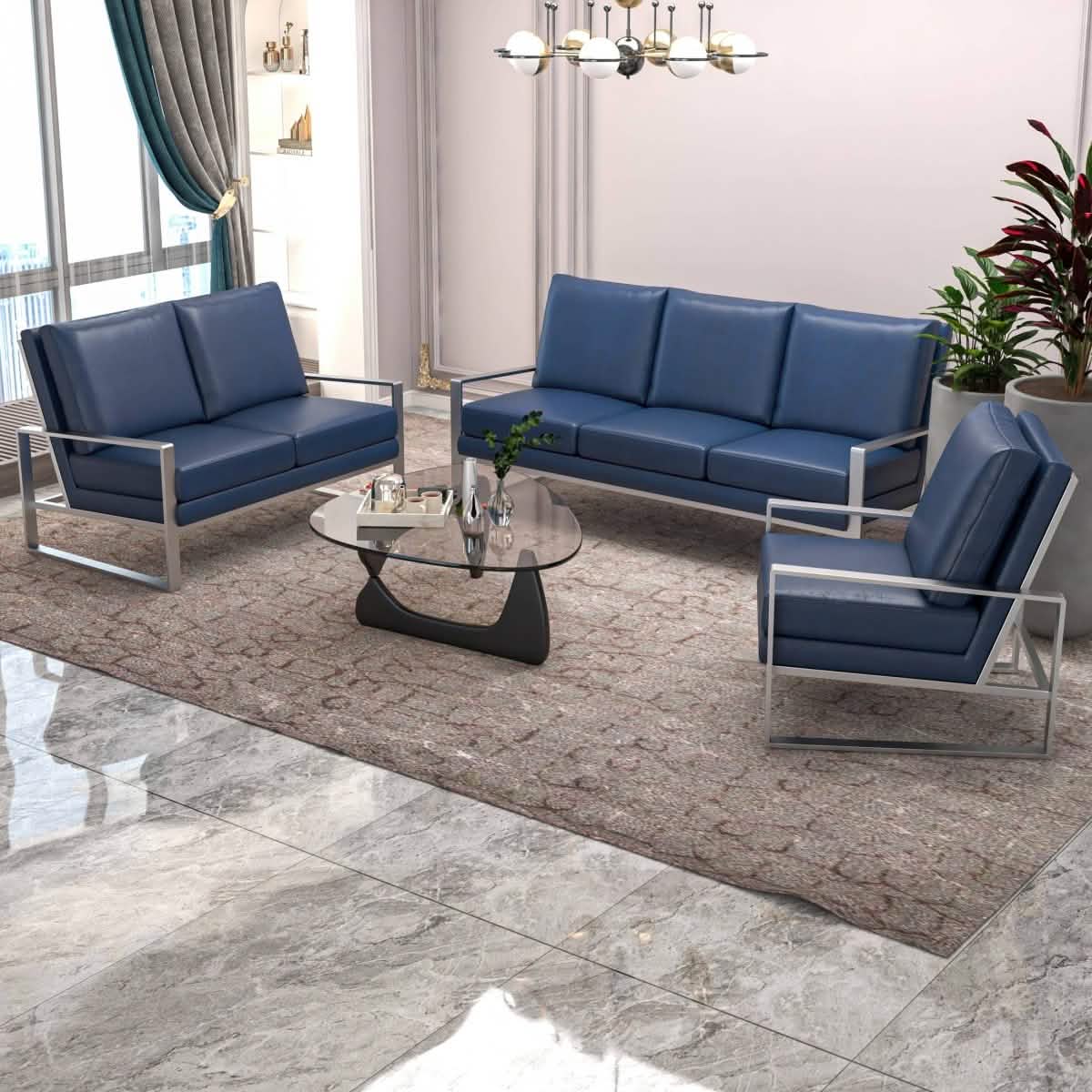 Jefferson 3-Piece Leather Sofa Set with Silver/Gold Stainless Steel Base Accent Chair and Loveseat Silver Leather Grey Sofa Set Leisuremod