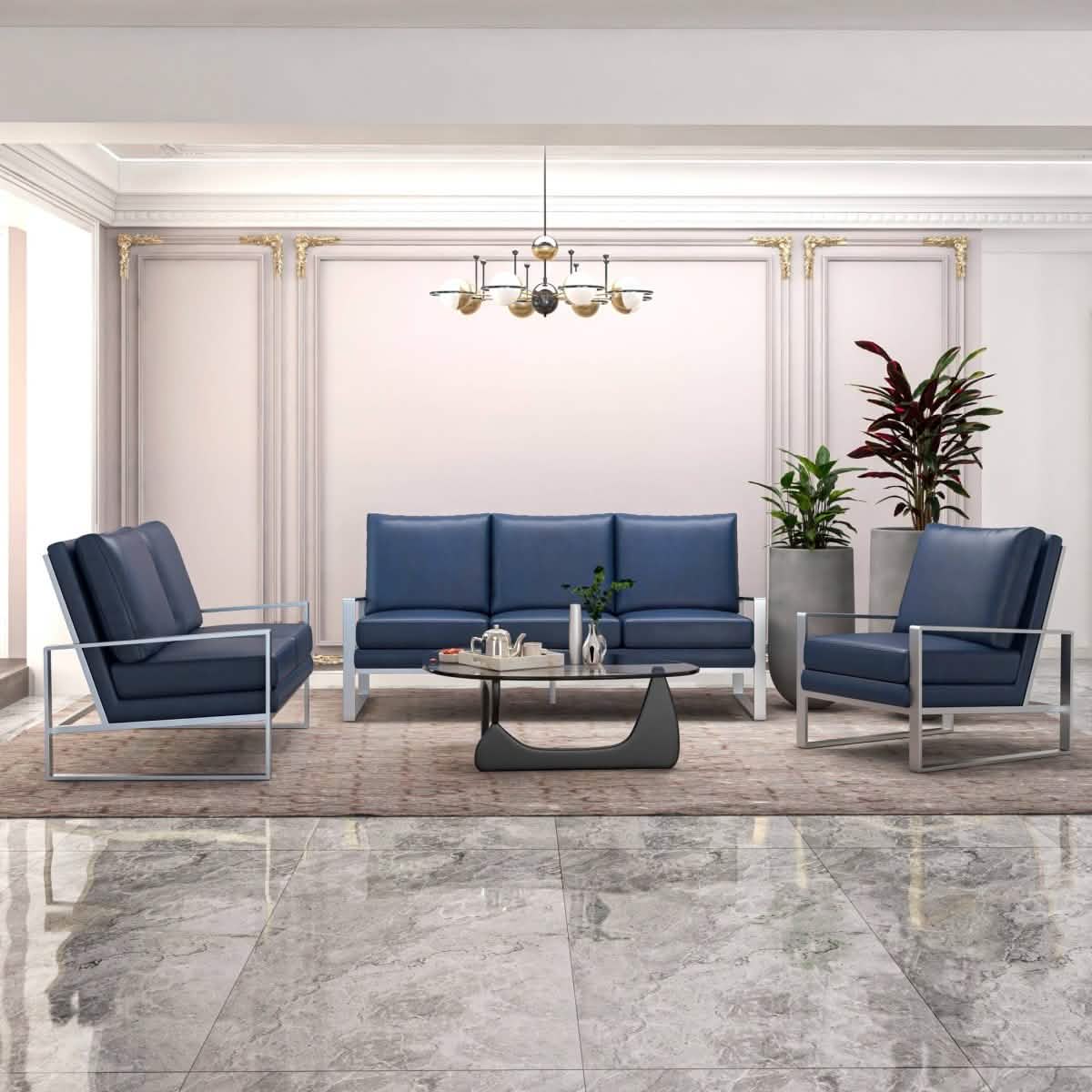 Jefferson 3-Piece Leather Sofa Set with Silver/Gold Stainless Steel Base Accent Chair and Loveseat Silver Leather Grey Sofa Set Leisuremod