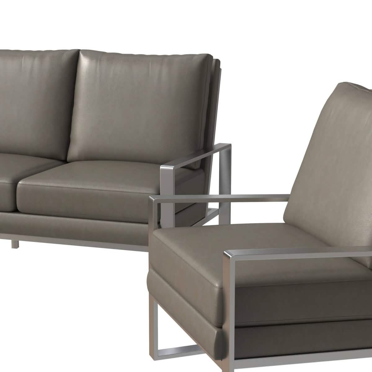 Jefferson 3-Piece Leather Sofa Set with Silver/Gold Stainless Steel Base Accent Chair and Loveseat Silver Leather Grey Sofa Set Leisuremod