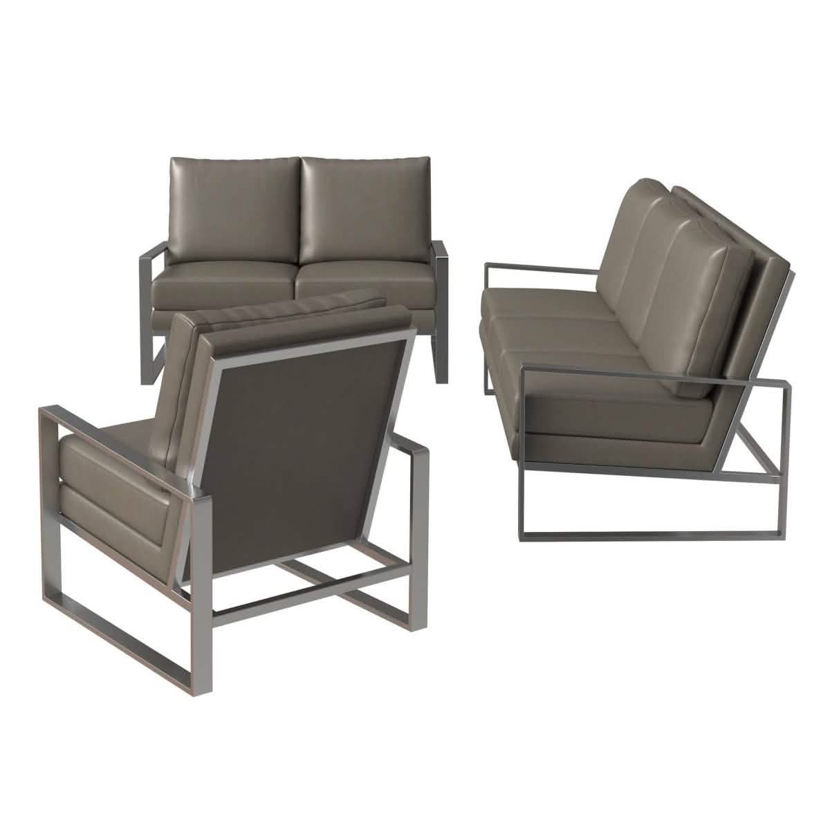 Jefferson 3-Piece Leather Sofa Set with Silver/Gold Stainless Steel Base Accent Chair and Loveseat Silver Leather Grey Sofa Set Leisuremod