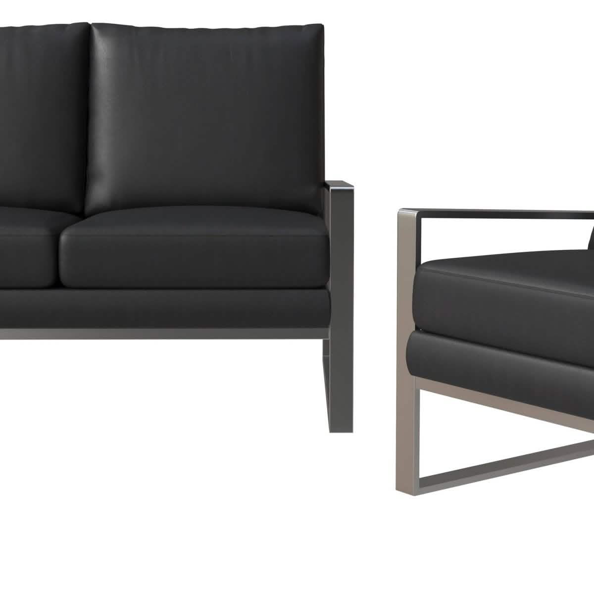 Jefferson 3-Piece Leather Sofa Set with Silver/Gold Stainless Steel Base Accent Chair and Loveseat Sofa Set Leisuremod