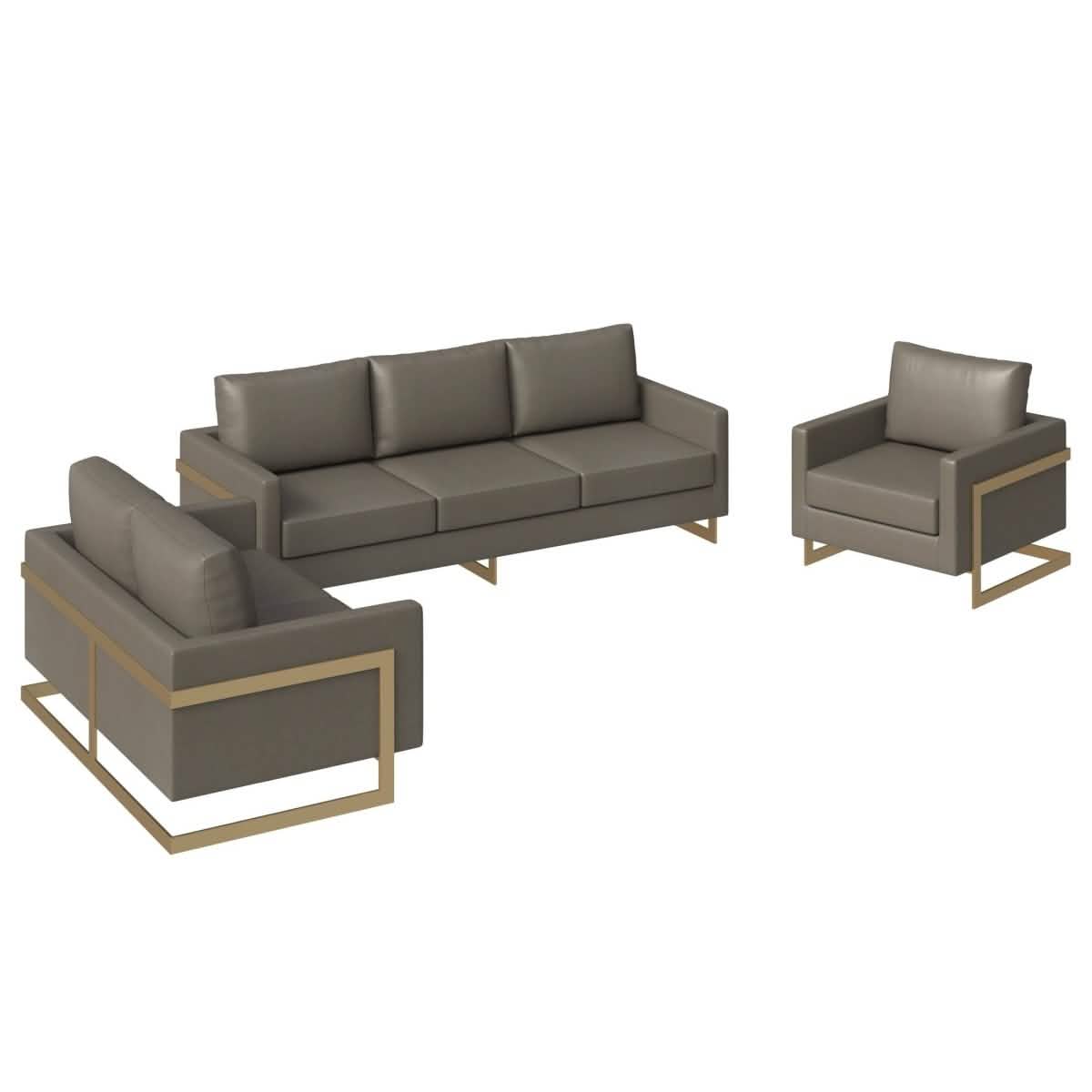 Lincoln 3-Piece Sofa Set Upholstered in Leather/Velvet Accent Chair with Gold Stainless Steel Frame Leather Grey Sofa Set Leisuremod