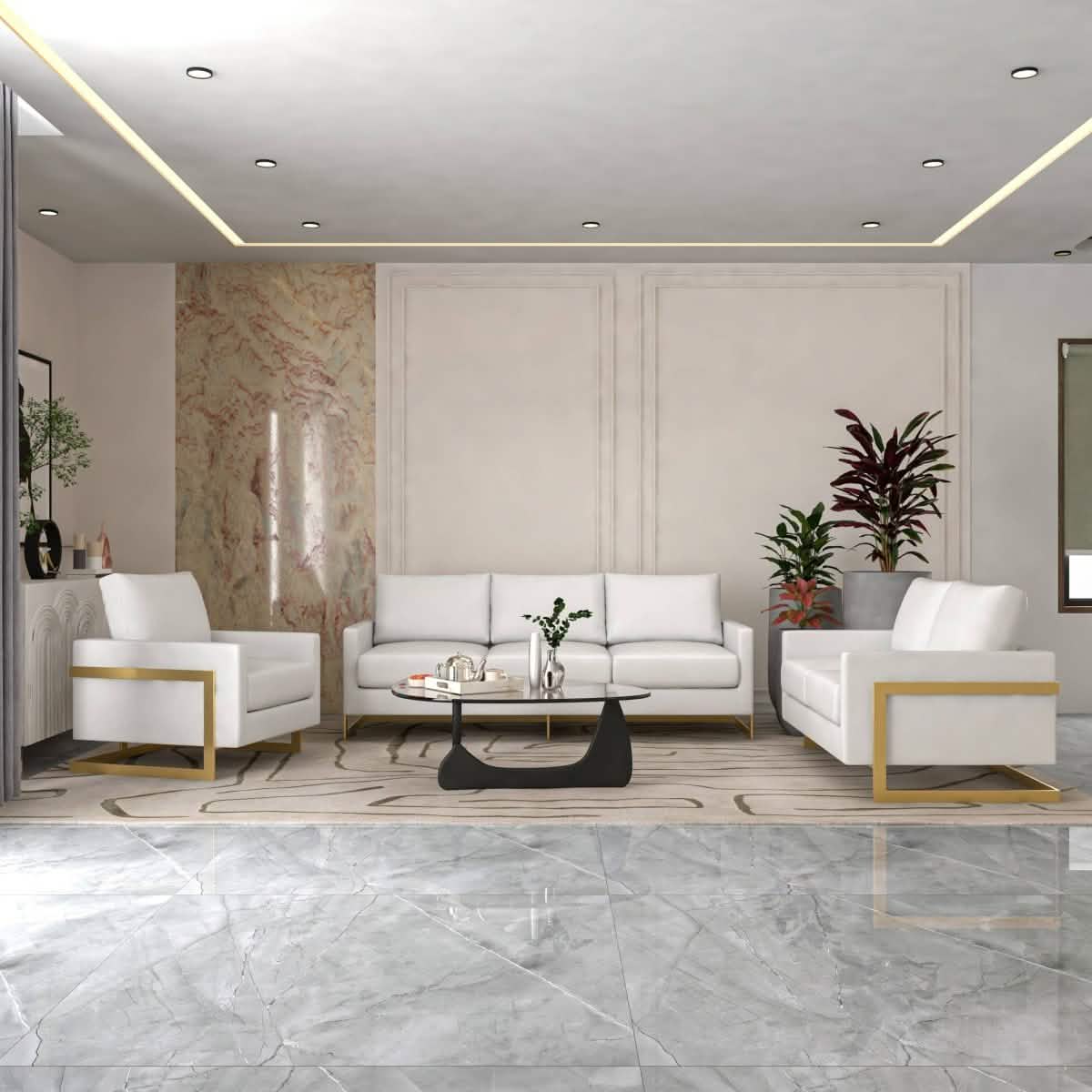 Lincoln 3-Piece Sofa Set Upholstered in Leather/Velvet Accent Chair with Gold Stainless Steel Frame Leather White Sofa Set Leisuremod