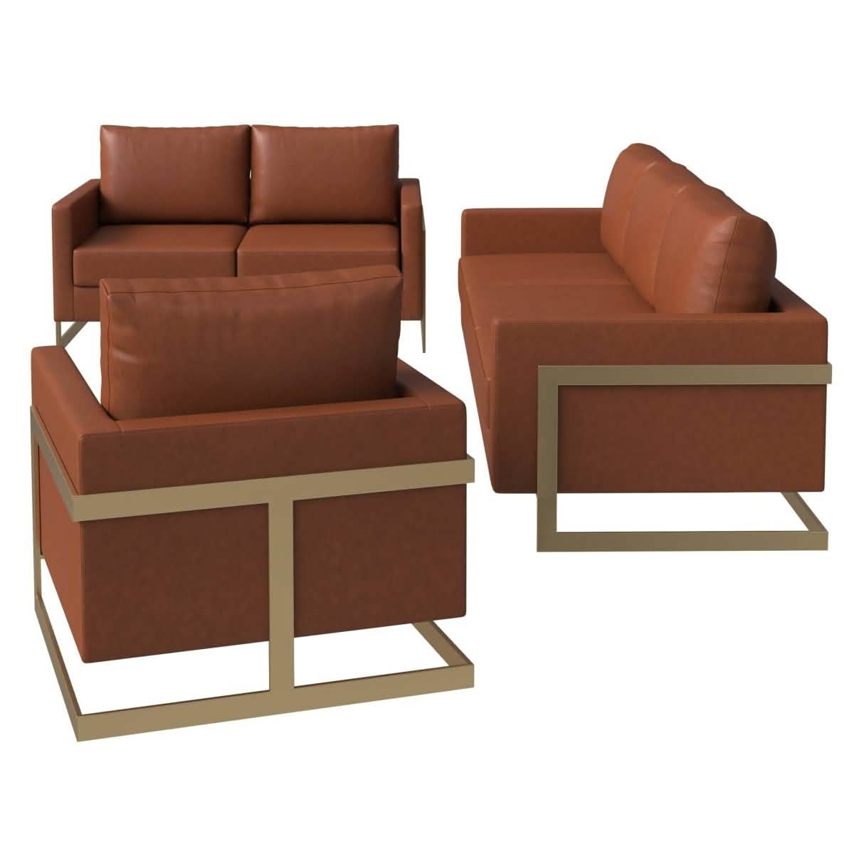 Lincoln 3-Piece Sofa Set Upholstered in Leather/Velvet Accent Chair with Gold Stainless Steel Frame Leather Cognac Tan Sofa Set Leisuremod