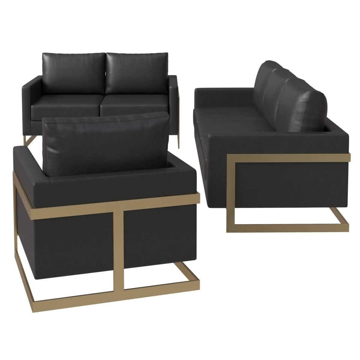 Lincoln 3-Piece Sofa Set Upholstered in Leather/Velvet Accent Chair with Gold Stainless Steel Frame Leather Black Sofa Set Leisuremod