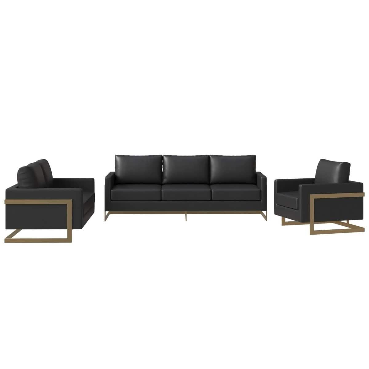 Lincoln 3-Piece Sofa Set Upholstered in Leather/Velvet Accent Chair with Gold Stainless Steel Frame Leather Black Sofa Set Leisuremod