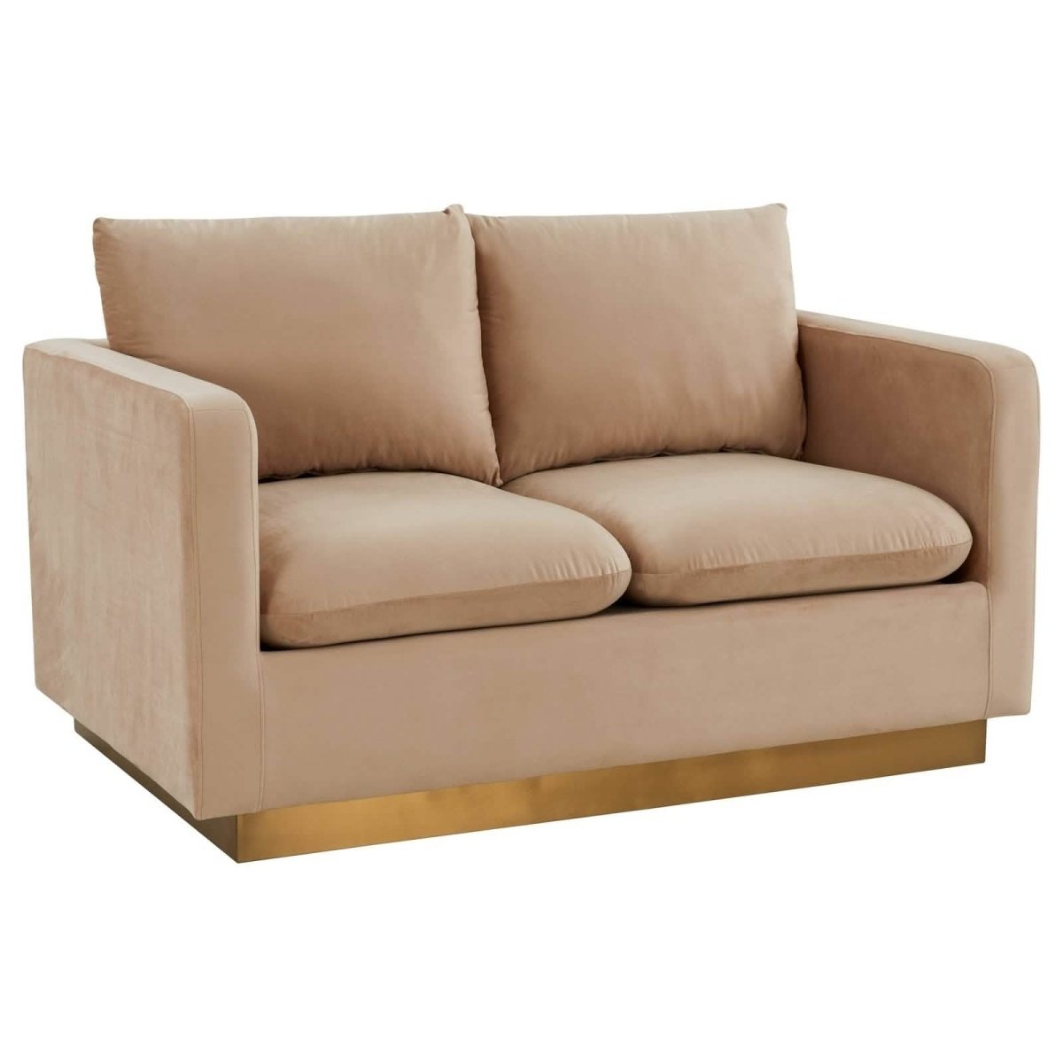 Nervo Upholstered Velvet/Leather Loveseat with Gold Stainless Steel Base Velvet Beige Sofa Leisuremod