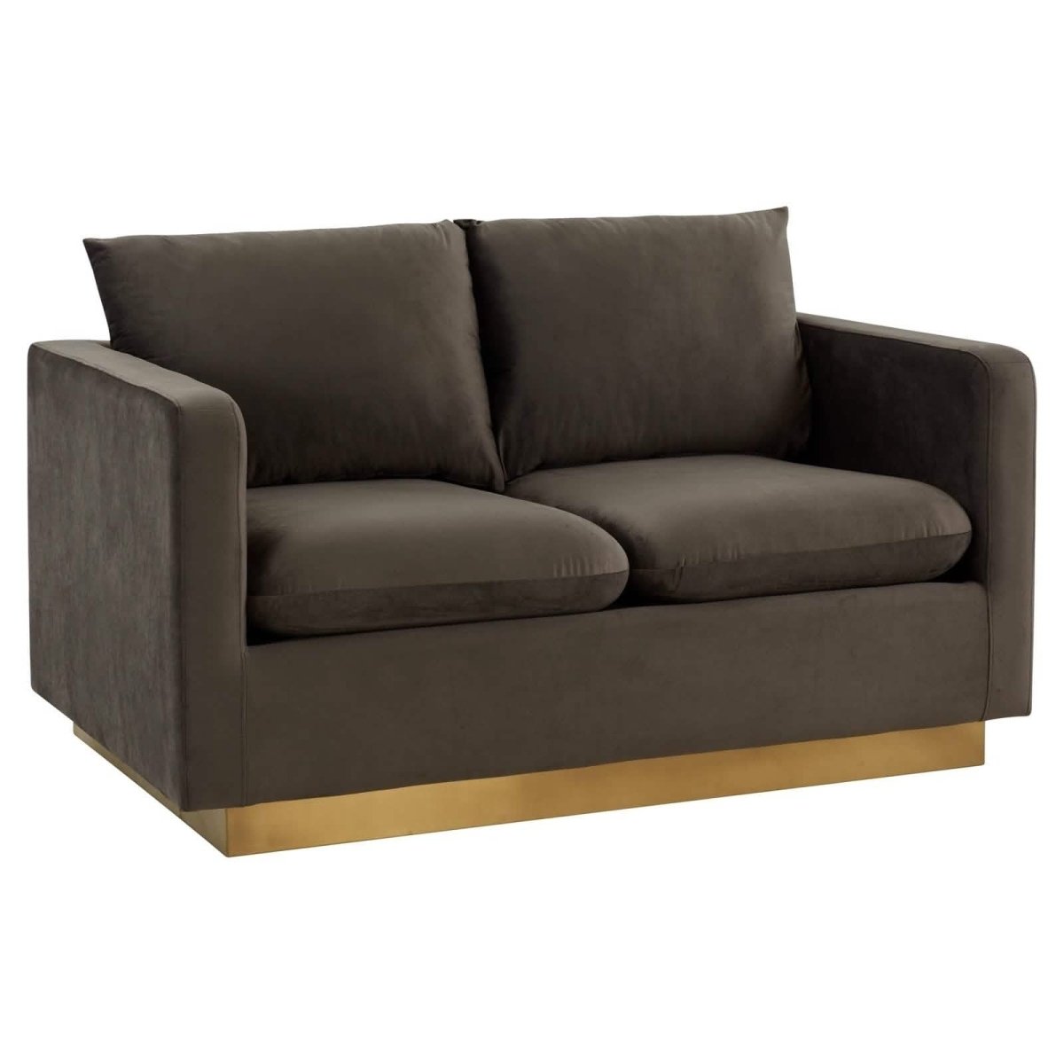 Nervo Upholstered Velvet/Leather Loveseat with Gold Stainless Steel Base Velvet Dark Grey Sofa Leisuremod
