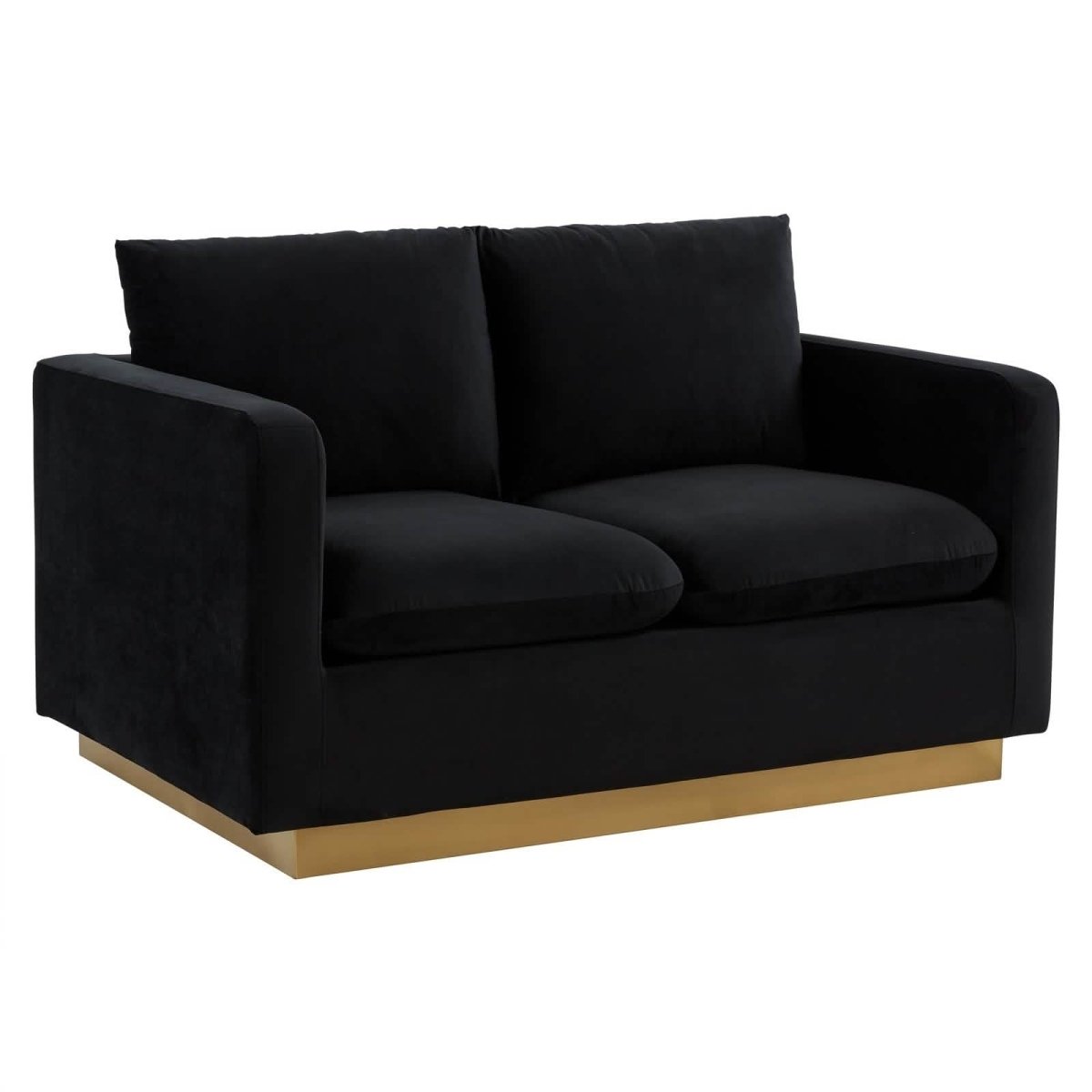 Nervo Upholstered Velvet/Leather Loveseat with Gold Stainless Steel Base Velvet Midnight Black Sofa Leisuremod