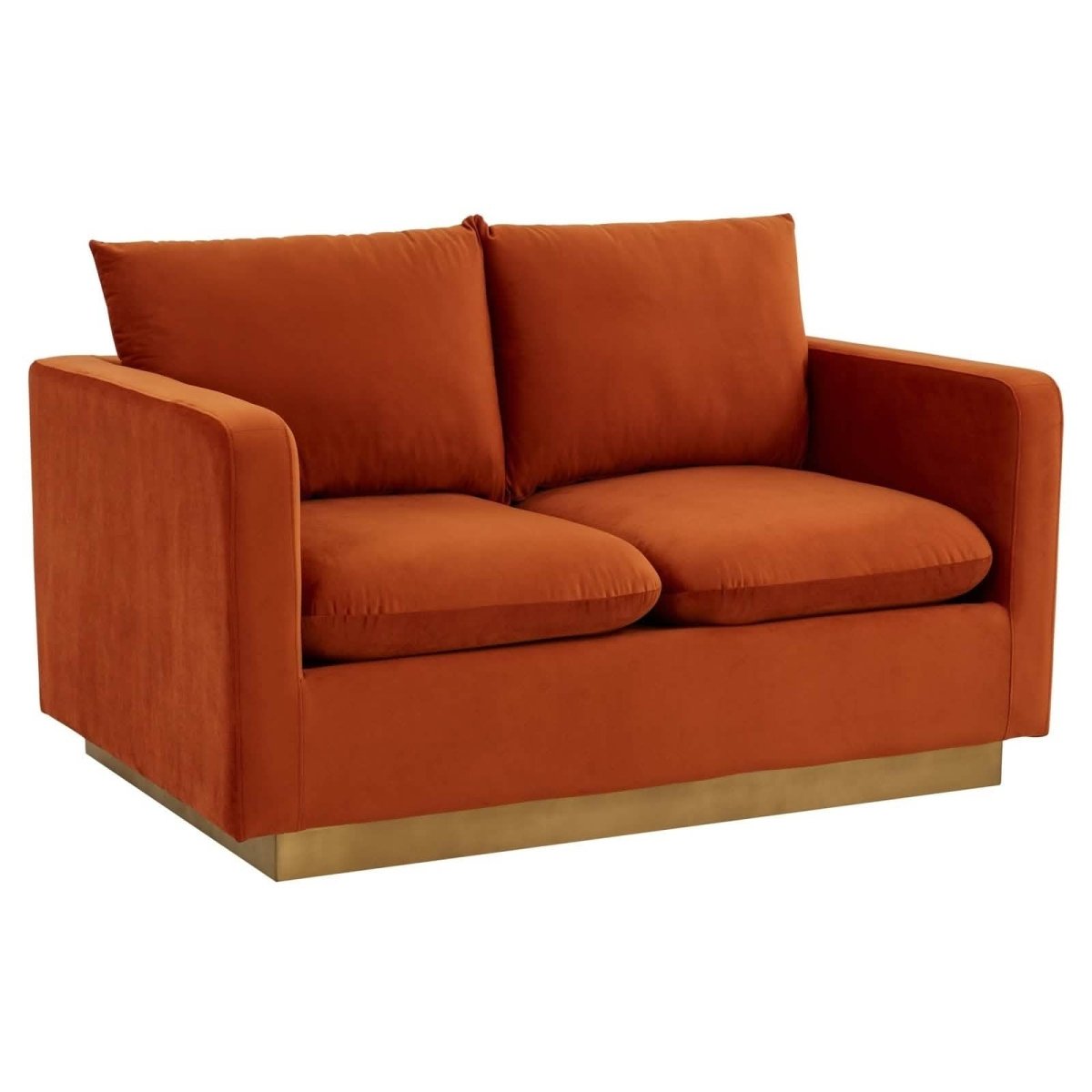 Nervo Upholstered Velvet/Leather Loveseat with Gold Stainless Steel Base Velvet Orange Marmalade Sofa Leisuremod