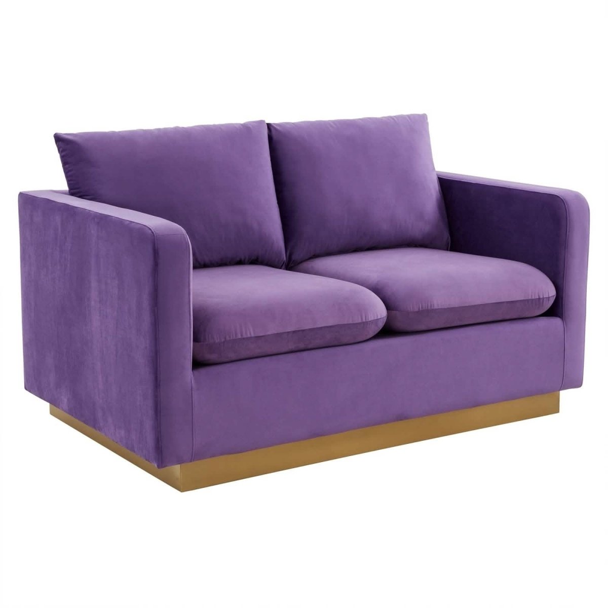 Nervo Upholstered Velvet/Leather Loveseat with Gold Stainless Steel Base Velvet Purple Sofa Leisuremod