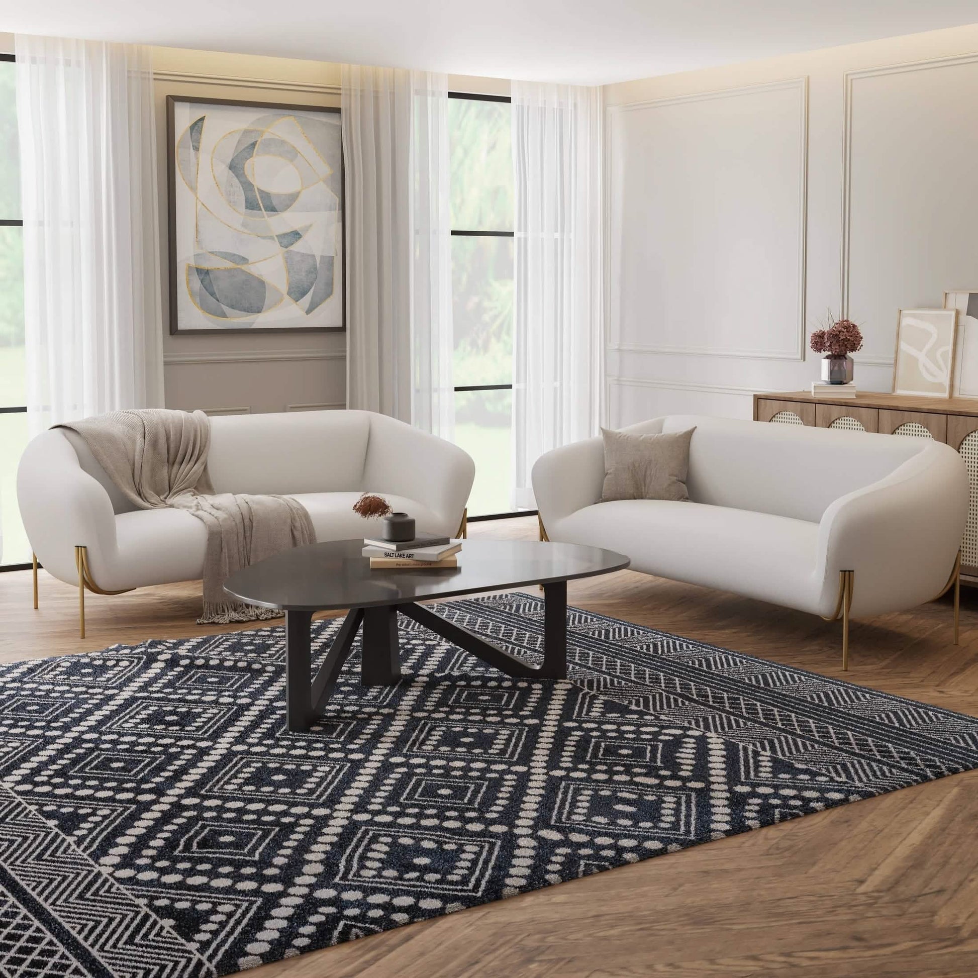 Zuno Modern Three-Seater Velvet Sofa with Gold Iron Legs White Sofa Leisuremod