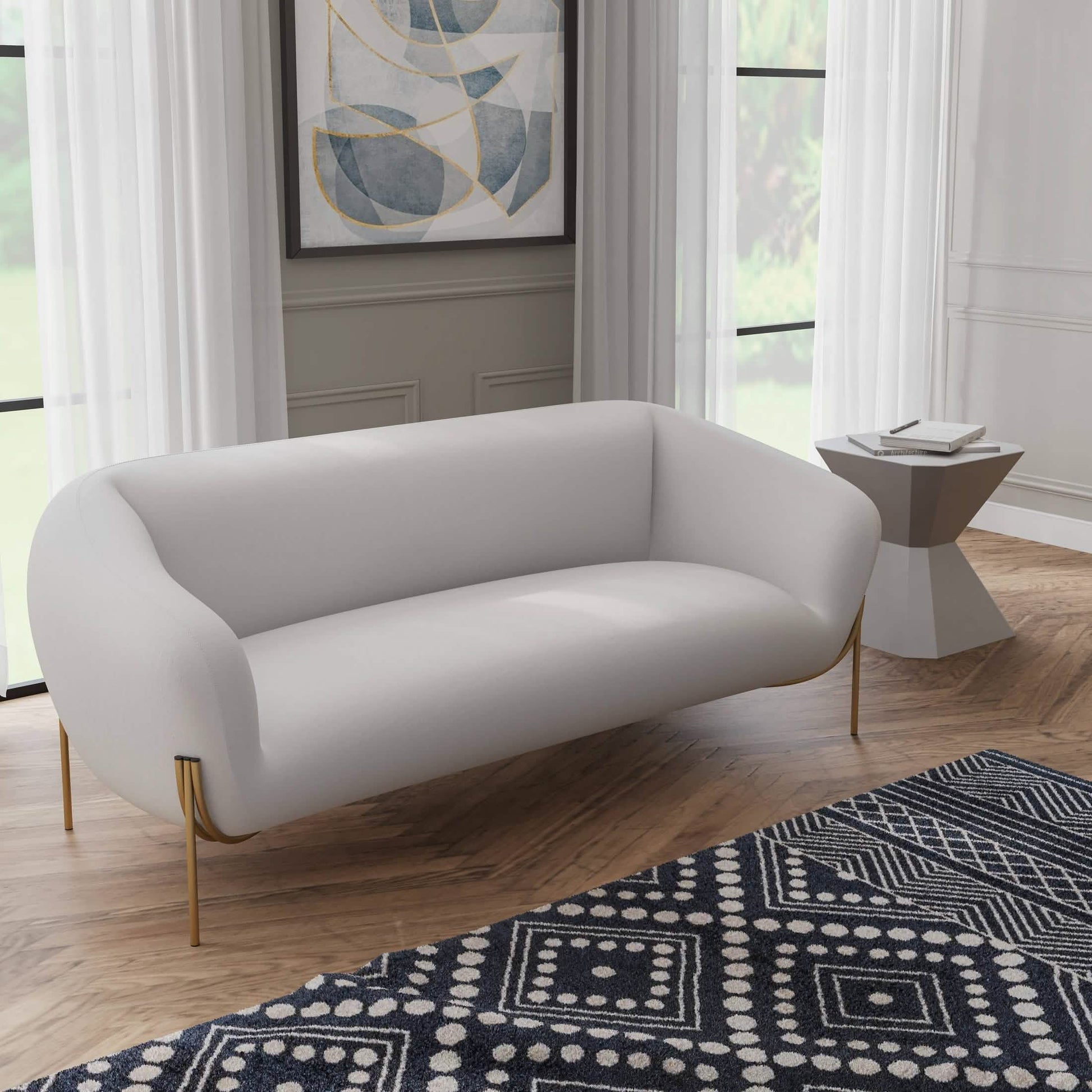 Zuno Modern Three-Seater Velvet Sofa with Gold Iron Legs White Sofa Leisuremod