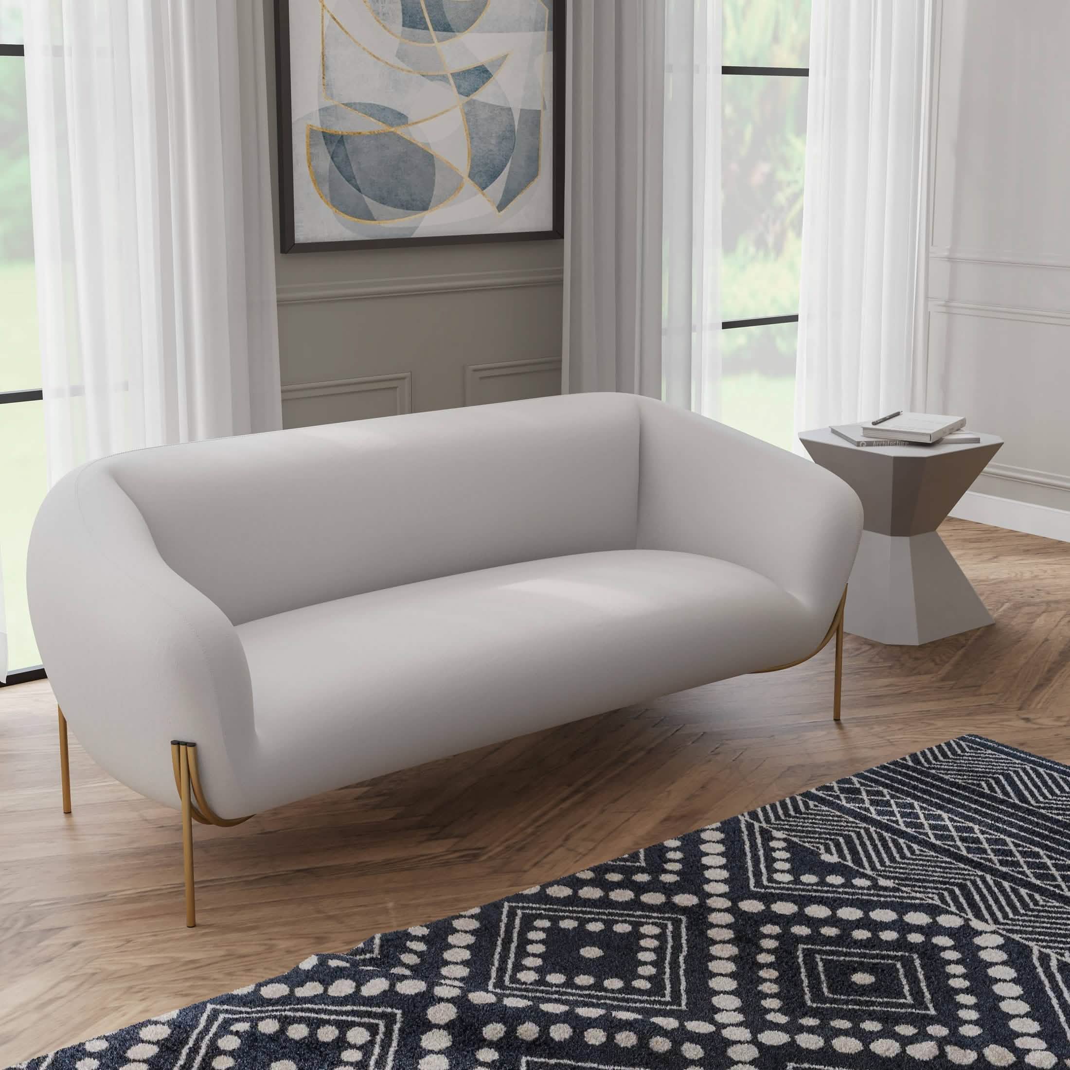 Zuno Modern Three-Seater Velvet Sofa with Gold Iron Legs White Sofa Leisuremod