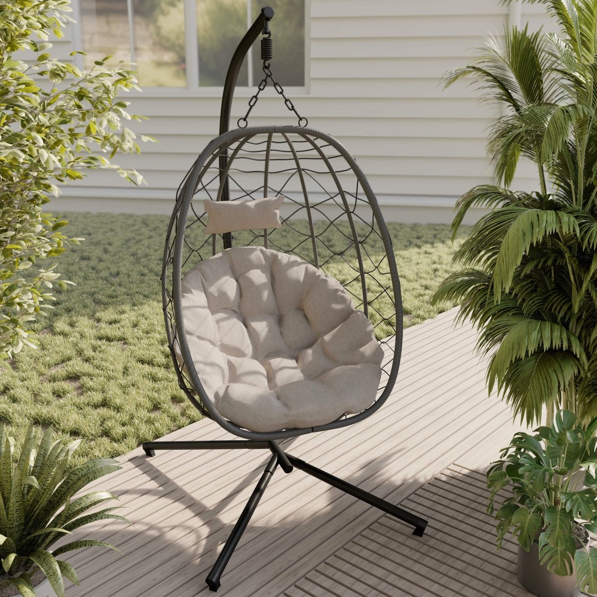 Summit Outdoor Single Person Egg Swing Chair in Grey/Black/Brown Steel Frame With Removable Cushions Light Brown Leisuremod