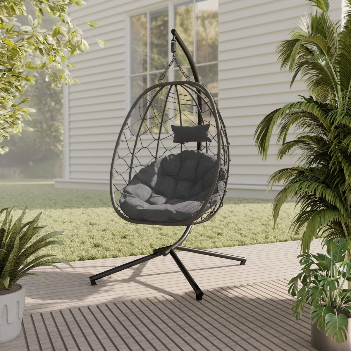 Summit Outdoor Single Person Egg Swing Chair in Grey/Black/Brown Steel Frame With Removable Cushions Charcoal Leisuremod