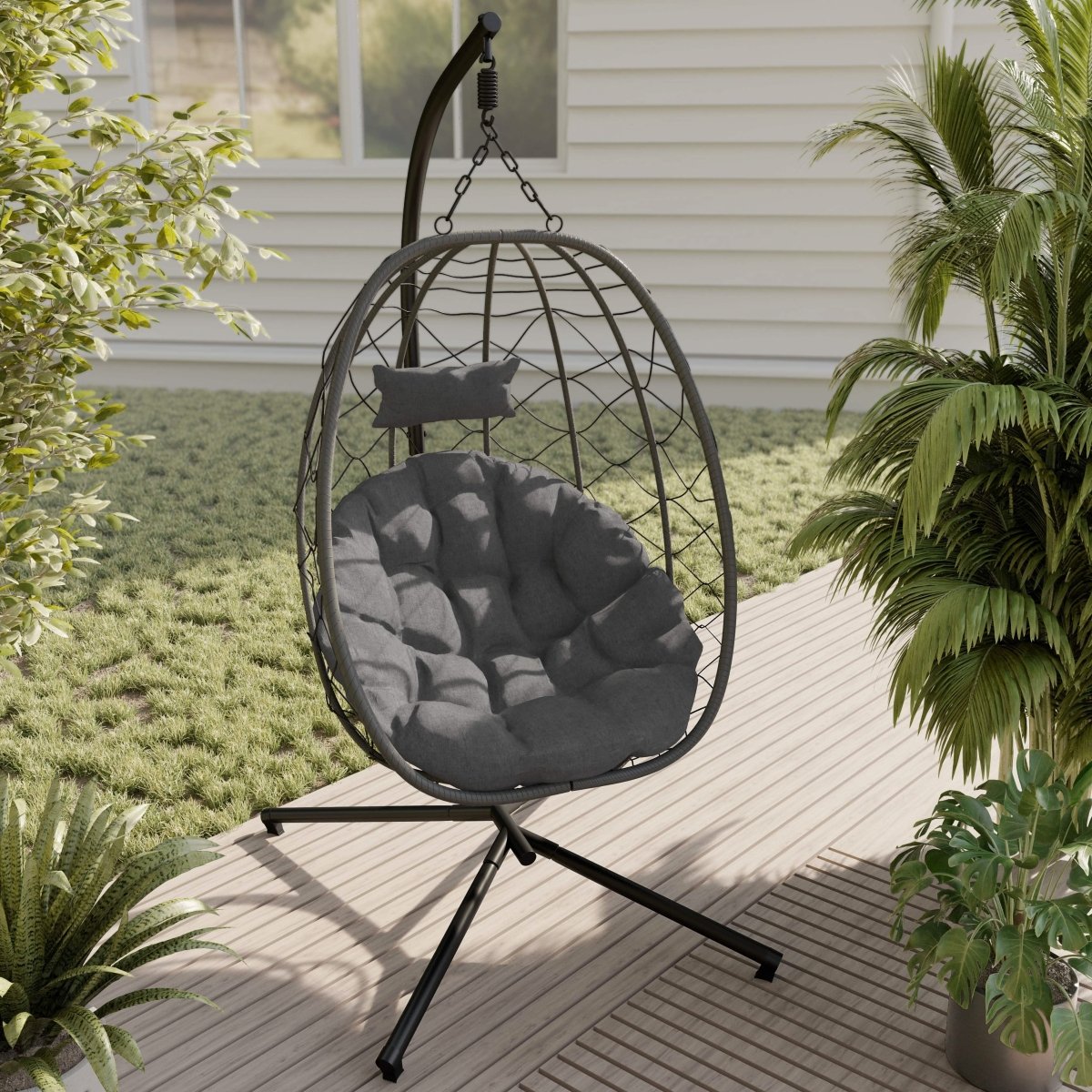 Summit Outdoor Single Person Egg Swing Chair in Grey/Black/Brown Steel Frame With Removable Cushions Charcoal Leisuremod