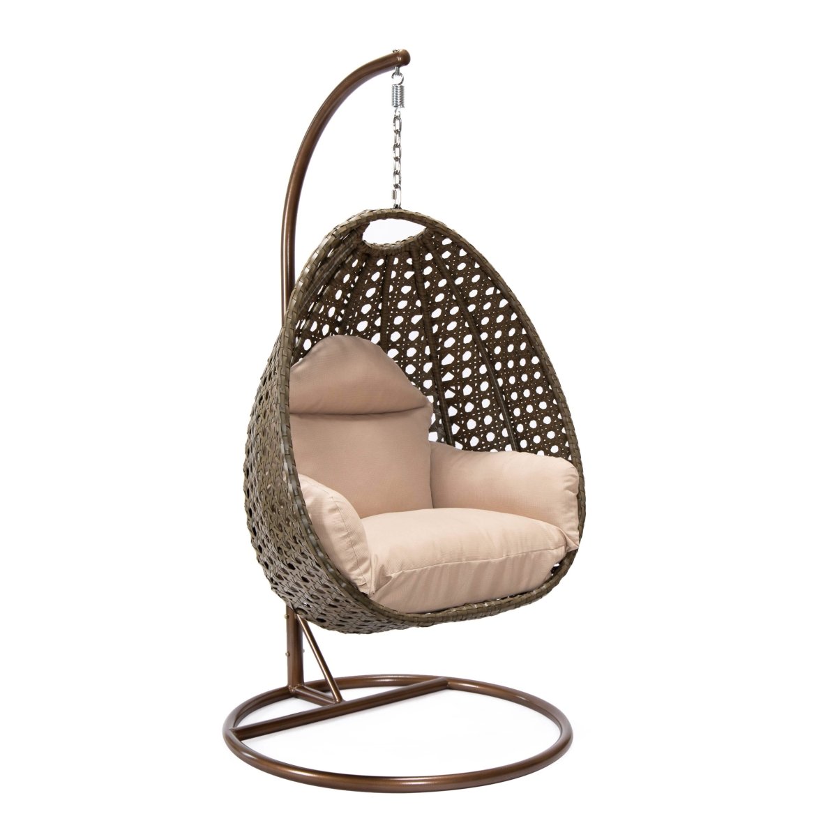 Modern Wicker Hanging Single Seating Egg Swing Chair in Beige/Charcoal/White Frame With Cushions Beige Beige swing chair Leisuremod