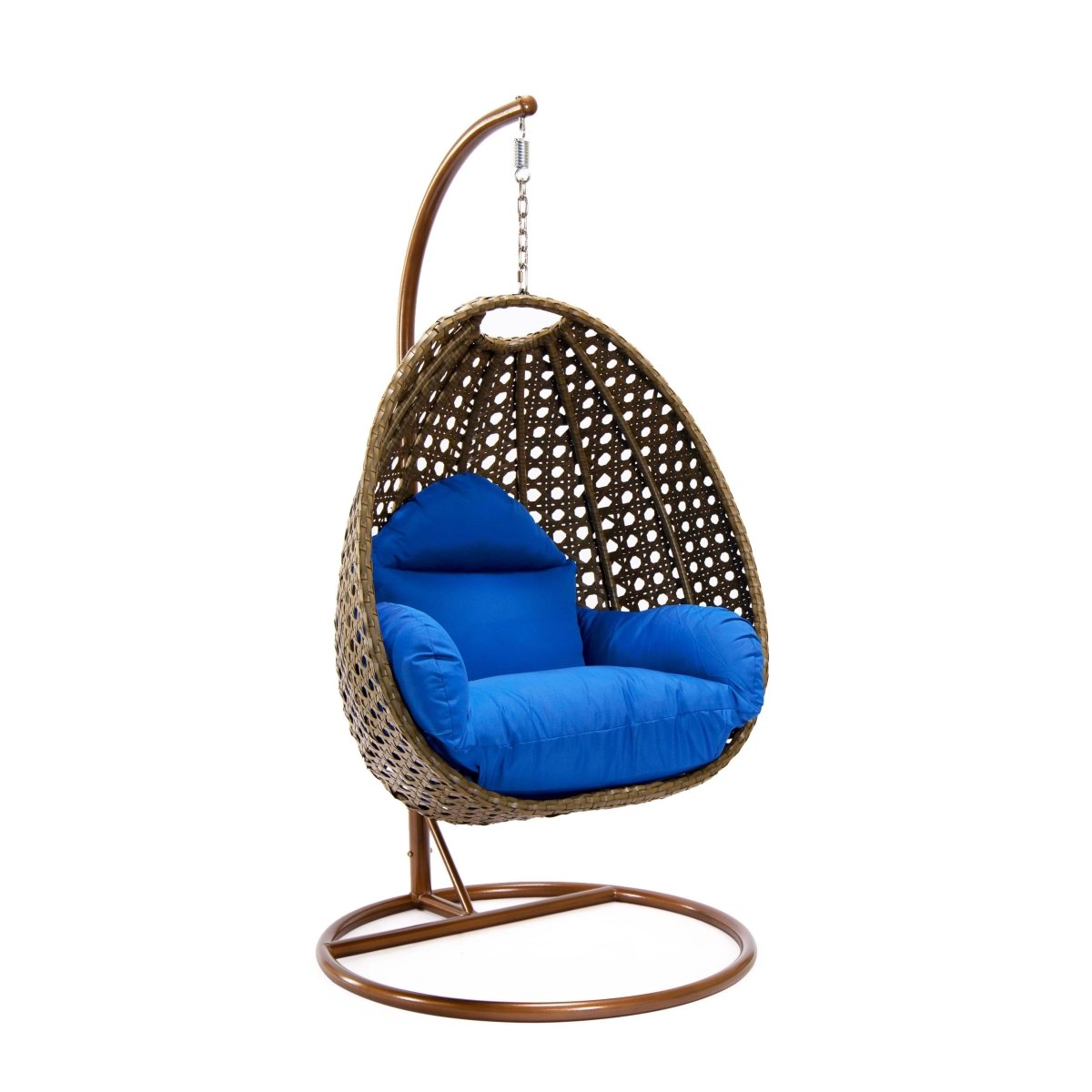 Modern Wicker Hanging Single Seating Egg Swing Chair in Beige/Charcoal/White Frame With Cushions Beige Blue swing chair Leisuremod